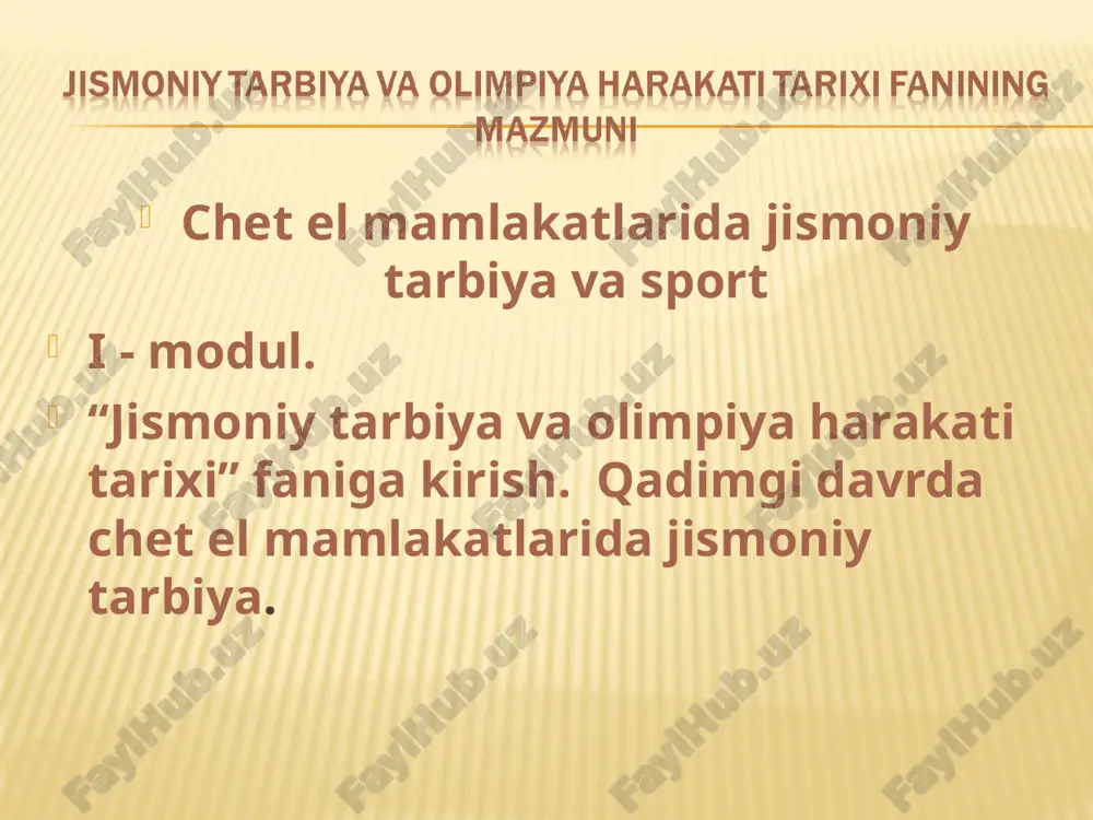 lik suzish kamondan o’q otish to’p va tayoq bilan o’yinlar kamondan o’q otish ot aravada poyga suzish ot polosi otda yurish ov qilish ov qilish shaxmat ov qilish otda yurish chim ustida xokkey nayza uloqtirish xatxa yoga ov qilish qadimgi gretsiyada jismoniy tarbiya sparta tizimi afina tizimi maqsadi: kuchli, chidamli jangchilarni tarbiyalash maqsadi : quldor–zodagonlarni har tomonlama yetuk qilib tarbiyalash jismoniy tarbiya: maksimal aqliy tarbiya: minimal jismoniy tarbiya: maksimal aqliy tarbiya: maksimal akademiya gimnasiy 16 – 18 yosh gimnasiylar likey kinosarg palestra 12/14–16 yoshgacha gimnastika maktabi 7–12/14 yoshgacha musiqa maktabi 7–12/14 yoshgacha xususiy va davlat maktablari 7 – 16 yosh oila tarbiyasi 7 yoshgacha efebiya 18 – 20 yosh 2 yil afina davlati chegarasida xizmat 1 yil jismoniy va harbiy tayyorgarlik jismoniy tarbiya: yugurish, sakrash, nayza va disk uloqtirish, harbiy o’yinlar, ov qilish. aqliy tarbiya: o’qish, yozish, arifmitika. ma’naviy tarbiya: vatanga sadoqat, mardlik, xalollik, rostgo’ylik. estetik tarbiya: harbiy raqslarga tushish, …