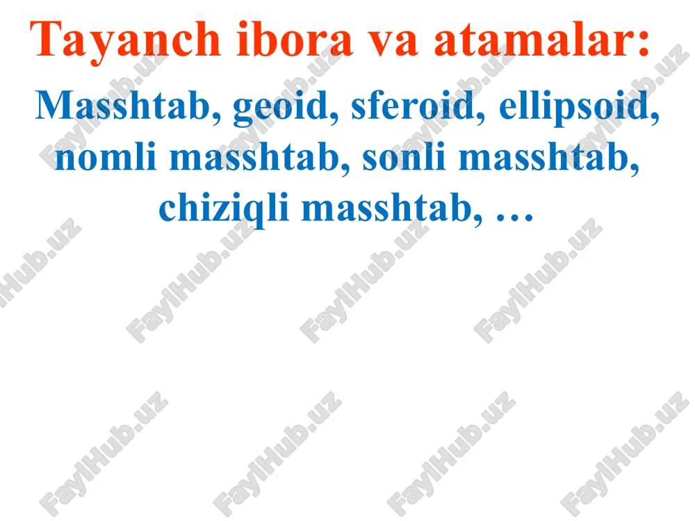 2 nuqta orasidagi uzunlik (mm hisobida) berilgan bo’lsa, uning joydagi uzunligini aniqlash. № masshtab kartada (plandagi uzunlik) mm hisobida yer yuzasida uzunlik 1 1:10000 54.7 2 1:25000 28.5 3 1:5000 17 85 m 4 1:5000 85 5 1:1000 43 3-topshiriq. kartaning masshtabini aniqlash. № karta(plan) dagi 2 nuqta orasidagi uzunlik, mm hisobida yer yuzasida o’lchangan uzunlik, m hisobida karta(plan) ning masshtab 1 30 150 1:5000 2 40 400 3 128 1280 4 112 1220 5 168 1680 3-topshiriq. kartaning masshtabini aniqlash. № karta(plan) dagi 2 nuqta orasidagi uzunlik, mm hisobida yer yuzasida o’lchangan uzunlik, m hisobida karta(plan) ning masshtab 1 48 1200 2 45 450 3 32 320 4 15 375 5 20 500 m= s sα