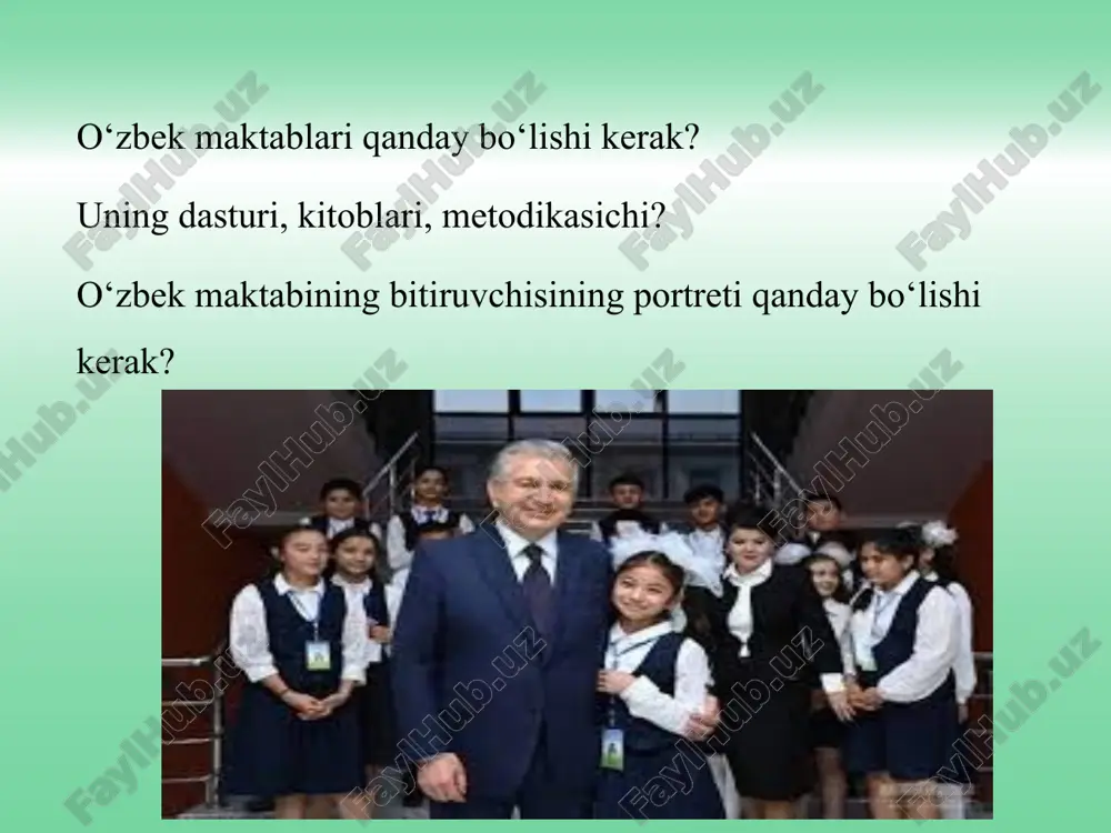 rtidan keyingi ta’lim (tayanch doktorantura; doktorantura; mustaqil izlanuvchilik); 6. kadrlarni qayta tayyorlash va ularning malakasini oshirish; 7. maktabdan tashqari ta’lim. ta’lim olish shakllari 1. ishlab chiqarishdan ajralgan holda ta’lim olish (kunduzgi); 2. ishlab chiqarishdan ajralmagan holda ta’lim olish (sirtqi, kechki, masofaviy); 3. dual ta’lim; 4. oilada ta’lim olish va mustaqil ta’lim olish; 5. katta yoshdagilarni o‘qitish va ularga ta’lim berish; 6. inklyuziv ta’lim; 7. eksternat tartibidagi ta’lim; 8. mudofaa, xavfsizlik va huquqni muhofaza qilish faoliyati sohasida kadrlar tayyorlash. o‘zbek maktablari qanday bo‘lishi kerak? uning dasturi, kitoblari, metodikasichi? o‘zbek maktabining bitiruvchisining portreti qanday bo‘lishi kerak? buni shavkat mirziyoyev aniq tasvirlab berdi. demak o‘zbek maktabi bitiruvchisi: 1. zamonaviy ko‘nikmalarni egallagan 2. axborot texnologiyalarini puxta o‘zlashtirgan 3. kreativ fikrlaydigan 4. mustaqil qaror qabul qila oladigan 5. dunyoqarashi keng shaxs bo‘ladi. 1. o‘zbekiston respublikasi prezidentining “2022 — 2026 yillarda xalq ta’limini rivojlantirish bo‘yicha milliy dasturni tasdiqlash to‘g‘risida”gi farmoni (2022 yil 11 maydagi 134-pf). prezidentimiz …