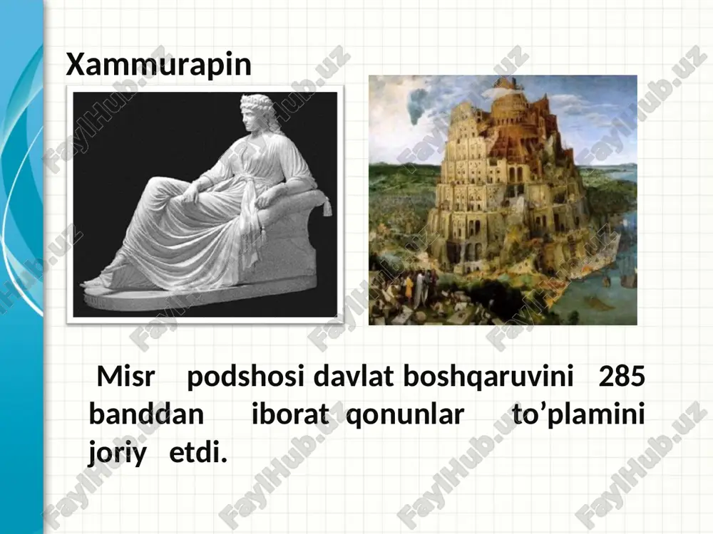 ии и обоснуйте ее важность. представьте каждую из основных тем. чтобы предоставить слушателям ориентир, можно можете повторять этот обзорный слайд в ходе презентации, выделяя тему, которая будет обсуждаться далее. * forobiy qarashlarida jamiyat boshqaruv san'atini quyidagi 2 ga: 1) nazariy (boshqaruvning asosiy usuli va qonun haqida); 2) amaliy (davlatni idora etish). haqida gapirib o'tadi. jamiyatda qaror toptirishga qaratilgan. taxt otadan bolaga meros bo'lib o'tishini qoralaydi, abu nasr forobiy будьте кратки. сделайте текст как можно более кратким для использования крупного шрифта. * amir temur temur tuzuklari asari bilan boshqarish ilmiga asos soldi. темur o’z davrida saltanat manfaatini xalq manfaatiga bo’ysundira olgan davlat rahbari edi. amir temur saltanati, oʻzbek xalqi uning davlatchiligi tarixida oʻzining markazlashgan, mutloqiy monarxiya, yakkahokimligiga asoslangan imperiya davlati sifatida alohida oʻrin tutadi. дайте краткий обзор презентации. опишите главную суть презентации и обоснуйте ее важность. представьте каждую из основных тем. чтобы предоставить слушателям ориентир, можно можете повторять этот обзорный слайд …