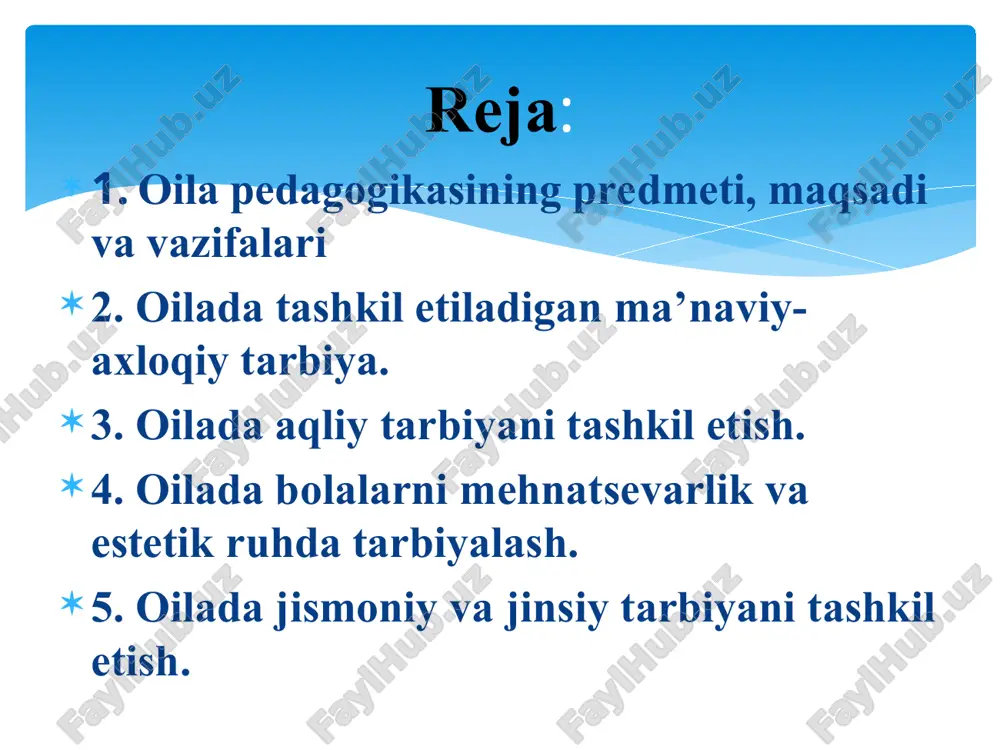 ‘rinli foydalanish, pedagogik qonun-qoidalaiga rioya qilish; 4) fan va texnika yutuqlaridan unumli foydalanish; 5) ilg‘or oilalardagi muovaffaqiyatli ish uslublarini o‘rganish; 6) ota-onalami pedagog mutaxassislar bilan hamkor- likgini o'matish kabilami amalga oshirish; 7) barkamol inson tarbiyasiga doir muammolami hal qilish doimiy va hayotiy izlanishlami talab etadi. falsafa, sotsiologiya, iqti- sodiyot, anatomiya — fiziologiya, psixologiya — pedagogika, ijtimoiy pedagogika, maxsus pedagogika, pedagogika tarixi, pedagogik mahorat kabilar. oila pedagogikasini boshqa fanlar bilan aloqasi: ma’naviy-axloqiy tarbiya quyidagi yo‘nalishlarda tashkil etiladi: 1) bolalar ongida odob, axloq va axloqiy sifatlar kabi tushunchalarni shakllantirish; 2) mavjud nazariy tushunchalar asosida bolalarda muayyan ma’naviy-axloqiy sifatlarni shakllantirish; 3) bolalarda ijtimoiy va tabiiy borliqqa nisbatan ijobiy axloqiy munosabatni shakllantirish. odob (arab. “adab” so‘zi. ko‘pligi) – jamiyatda e’tirof etilgan xulq normasi. shaxs ma’naviy hayotining tashqi jihatini ifodalaydi va o‘zgalar bilan munosabat (oila, mehnat jamoasi, turli marosimlar)da namoyon bo‘ladi. odob kishining jamoat orasida o‘zini qanday tutishi, odamlar bilan qay yo‘sinda muomala qilishi, o‘z …