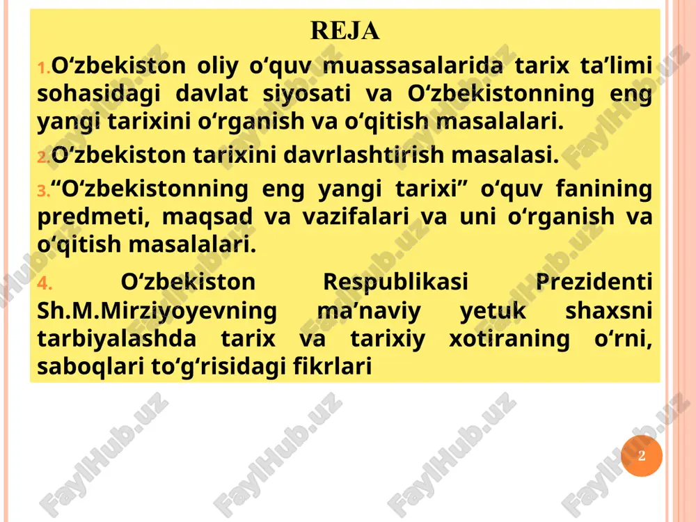 ing eng yangi tarixi ilmiy bilimlar va o'quv sohasi sifatida bir qator muhim vazifalarni bajaradi boshqa fanlar bilan aloqadorligi o’zbekistonning eng yangi tarixini o’rganushning nazariy-metodologik asoslarni o'zbekistonning eng yangi tarixini o'qitishning metod va yo’nalishlari tarixiylik prinsipiga ko'ra, tarixiy voqealar va jarayonlar ushbu voqealar va jarayonlar qanday paydo bo'lganligi, qanday rivojlanganligi va ular nimaga olib kelganligi nuqtai nazaridan qat'iy aniq tarixiy kontekstda ko'rib chiqilishi kerak. tarixiyizmning uslubiy prinsip sifatida talabi davrda paydo bo'ladi va rivojlanadi. o'rta asrlar teleologizmiga qarshi bo'lgan ma'rifat (viko, volter, russo, diderot), keyin nemis klassik falsafasida (hegel, marks), hayot falsafasida (diltey) va falsafiy va tarixiy fikrning boshqa sohalarida. zamonaviy talqinda tarixshunoslik prinsipi tarixshunoslik va jurnalistikada juda kamdan-kam uchraydigan hodisaga qarshi qaratilgan, bunda mualliflar dunyoqarash g'oyalarini, xulq-atvor stereotiplarini va o'z davrlarining axloqiy me'yorlarini tarixdagi voqealarni baholashda, unutish yoki ataylab e'tiborsiz qoldirishda qo'llashadi. o’zbekistonning eng yangi tarixining asosiy tamoyillari о’zbekiston respublikasi prezidenti shavkat mirziyoyevning 2018-yil 28-dekabrda oliy majlisga murojaatnomasida ta’kidlab …