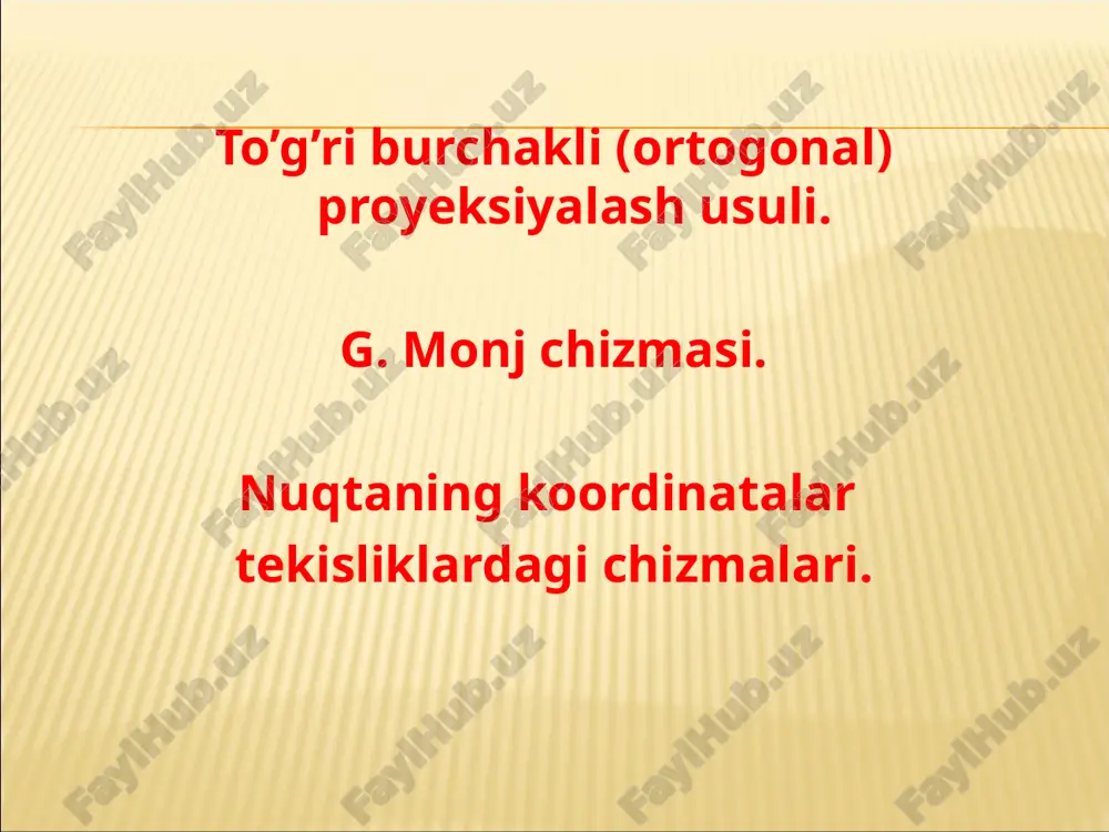 oni 8 qismga – oktantlarga bo’ladi. h tekislik – gorizontal proetsiyalar tekisligi, v – frontal proyeksiyalar tekisligi deyiladi, w tekislik profil proyeksiyalar tekisligi deb ataladi. proyeksiyalar o’qlarini tashkil qiluvchi ox – abssissalar o’qi, oy – ordinatalar o’qi va oz – applikatalar o’qi deb ataladi. birinchi oktantda joylashgan nuqtaning chizmasi ikkinchi oktantda joylashgan nuqtaning chizmasi har xil oktantlarda joylashgan nuqtaning koordinata o’qlari ishoralari. o’qlar oktantlar i ii iii iv v vi vii viii x + + + + - - - - y + - - + + - - + z + + - - + + - - 1–misol. a(50,30,60) nuqtaning berilgan koordinatalari bo’yicha uning fazoviy vaziyati va epyuri yasalsin. 2–misol. b(60, –40, 70) nuqtaning berilgan koordinatalari bo’yicha fazoviy vaziyati va epyuri yasalsin.