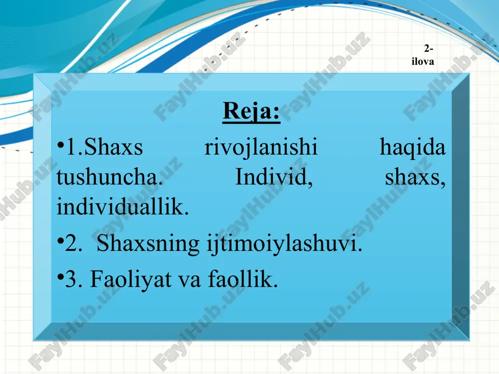 muhim xususiyatlari faoliyat ijtimoiy hayotni maqsadga muvofiq tashkil etish yо‘lida shaxs tomonidan amalga oshirilayotgan kundalik va kasbiy xatti-harakatlarning muayyan shakli rivojlanish mohiyatan oddiydan murakkabga, quyidan yuqoriga, eski sifatlardan yangi holatlarga о‘tish, yangilanish, yangining paydo bо‘lishi, eskining yо‘qolib borishi, miqdor о‘zgarishining sifat о‘zgarishiga о‘tishini ifodalaydi 5-ilova shaxs rivojlanishining muhim xususiyatlari shaxsning rivojlanishi individning fiziologik, ruhiy va intellectual о‘sishini ta’minlovchi faoliyat, xatti-harakatlarning miqdor va sifat jihatdan о‘zgarishini ifodalovchi jarayon shaxsning rivojlanganlik darajasini belgilovchi holatlar: uning fiziologik, ruhiy va intellektual о‘sishini ta’minlovchi faoliyat va xatti-harakatlarining miqdor va sifat jihatdan о‘zgarishi maktabgacha yoshdagi bolaning jismoniy va psixik kamoloti shartli ravishda quyidagi davrlarga bo'linadi: - go'daklik (1 yoshgacha); - ilk yosh (1-2 yosh); - ilk yosh guruhi (2-3 yosh); - kichik yosh (3—4 yosh); - o'rta yosh (4-5 yosh); - katta yosh (5—6 yosh); - maktabga tayyorlov davri (7 yosh, majburiy ta’lim kichik maktab yoshida o'yin faoliyatining o'mini endi o'qishfaoliyati egallaydi. bu juda qiyin o'tish …