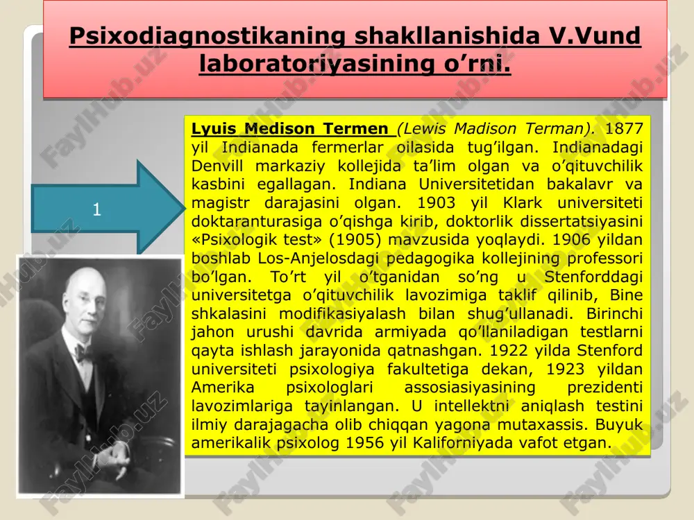 latda paydo bo’lishini aniqlagan. o’zining longityud tekshirishlarini (1959) xarakterlangan qirralarning birlamchi elementlarini topishga bag’ishlagan. 1963 yil intellektga atrof-muhitni ta’siri haqidagi tekshirishlari natijasi chop etilgan. bundan tashqari u intellekt bilan o’qishda jarayonidagi muvaffaqiyatga erishishlarning o’zaro bog’liqligi muammosini ochishga harakat qilgan. u 1984 yil vafot etgan. 2 florens laura gudinaf . 1886 yil aqshda tug’ilgan. doktorlik unvonini l.termen rahbarligida stenford univesitetida 1924 yil olgan. shundan so’ng uning psixologiya mutaxassisi sifatidagi karyerasi minnesots univesitetida boshlanadi. u yerda bolalar tomonidan chizilgan rasmlarni tahliliga asoslangan intellektni o’lchash shkalasini chop etgan. test katta mashhurlik keltirib o’z mavqyeini ko’p yillar davomida saqlab turgan.1950 yilga kelib, deyl xarris bu testga ma’lum ma’nodagi o’zgarishlar va qo’shimchalarni kiritgan (gudinaf – xarris nomi bilan mashhur rasm testi). gudinafning boshqa izlanishlari bolalarni ijtimoiy va emosinal rivojlanishini o’rganishga qaratilgan. 1947 yil kasalligi tufayli mehnat ta’tiliga chiqishga majbur bo’lganligiga qaramasdan, unga mashhurlik olib kelgan kitoblarining chiqishi davom etgan. u 1959 yil vafot etgan. 3 …