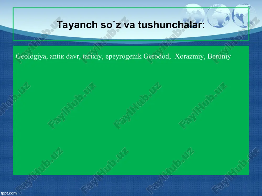 urkirab rivojlanishiga yordam berdi. natijada bu ta’sir tufayli keyinchalik ko‘plab yirik olimlar shakllandi. ularning aksariyati geologiya-ma’danshunoslik sohasida ham muhim yutuqlarga erisha oldi. shunday fan namoyondalaridan ayrimlarining ijodi bilan qisqacha bo‘lsada tanishib chiqamiz abu yusuf yaqub ibn isxoq al-kindiy: prezentacii.com prezentacii.com abu rayhon beruniy : (973-1048 yy.) zamonamizda mavjud bo‘lgan geologiyanng qariyb barcha yo‘nalishlariga asos solgan qomusiy bilimlar egasidir. mashhur vatandoshimiz jami 150 dan ortiq asar muallifi bo‘lib, faqat mineralogiya xususida yozilgan maxsus kitobi uch jildni tashkil qiladi. beruniyning qolgan geologik qarashlari barcha kitoblarida sochma holatda yoritilgan. shulardan ayrimlari xususida qisqacha to‘xtalamiz. beruniy asarlari bizning davrimizda vii jilddan iborat kitoblarda jamlangan bo‘lib, ularning arab tilidan rus va o‘zbek tillariga tarjima qilingan nusxalari “fan” nashriyoti tomonidan 1968-80 yillarda chop etilgan. beruniyning tanlangan asarlari i tomining “qadimgi xalqlardan qolgan yodgorliklar” deb ataladi. ushbu asarda olimning gidrogeologik qarashlari, jumladan artezian suvlarning vujudga kelishi kabi muhim ilmiy masalaga to‘xtalib, fan tarixida ilk bora bosimli suvlar …