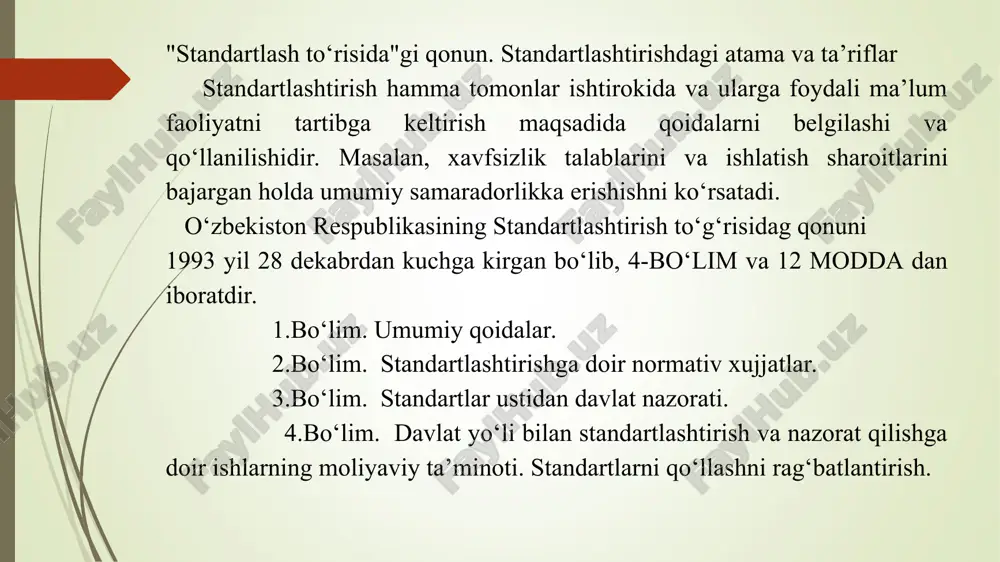 f-xatarini hisobga olgan holda xalq xo‘jaligi ob’ektlarining xavfsizligini ta’minlash: iste’molchilarni ishlab iqarayotgan mahsulot nomenklaturasi hamda sifati to‘g‘risida to‘liq va ishonchli axborot bilan ta’minlash: mudofaa qobiliyatini va safarbarlik tayyorligini ta’minlash o‘lchovlarning yagona birlikda bo‘lishini ta’minlashdan iboratdir. standartlashtirish tizimi. o‘zbekiston respublikasida standartlashtirish ishlarini o‘tkazishning umumiy tashkiliy-texnik qoidalarni tartibga solib turuvchi standartlashtirish tizimi faoliyat ko‘rsatadi. standartlashtirish ishlarini tashkil etish , muvofiqlashtirish va ta’minlashni: xalq xo‘jaligi tarmoqlarida – o‘zbekiston standartlashtirish, metrologiya va sertifikatlashtirish agentligi (o‘zstandart agentligi): qurilish, qurilish industriyasi sohasida , shu jumladan loyihalash va konstruksiyalashda – o‘zbekiston respublikasi davlat arxitektura va qurilish qo‘mitasi: tabiiy resurslardan foydalanishni tartibga solish hamda atrof muhitni ifloslanishdan va boshqa zararli ta’sirlardan muhofaza qilish sohasida – o‘zbekiston respublikasi tabiatni muhofaza qilish davlat qo‘mitasi: tibbiyot uchun mo‘ljallangan mahsulotlar, shu jumladan tibbiyot uchun mo‘ljallangan buyumlar, tibbiy texnik buyumlari, dori vositalari sohasida , shuningdek o‘zbekiston respublikasida ishlab chiqarilayotgan, shu jumladan import bo‘yicha yetkazib berilayotgan mahsulotlarda inson uchun zararli moddalar mavjudligini aniqlash masaklalarida …