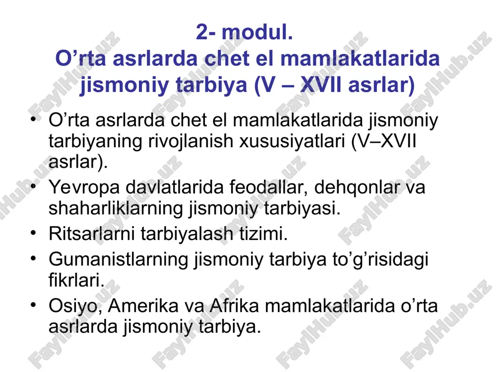 yugurish. ritsarlar jismoniy tarbiya tizimi ritsarlar jismoniy tarbiya tizimi 3 bosqichdan iborat bo’lgan: 7 yoshgacha feodallarning o’g’illari uyda tarbiyalanganlar. 7 yoshdan 14 yoshgacha feodallarning o’g’illari qirol saroyi yoki yirik feodalning qasrida yashab, tarbiyalanganlar. 14 yoshdan 21 yoshgacha bo’lajak ritsarlar qurolbardor bo’lib xizmat qilganlar. 7 yoshdan 21 yoshgacha yigitlar yettita ritsarlik fazilatlarini egallashi zarur edi. 7 ta ritsarlik fazilatlari otda yurish qilichbozlik kamondan o’q otish suzish ov qilish shaxmat o’ynash she’r to’qish ritsarlarning 7 ta odob-axloq fazilatlari cherkovga sadoqat syuzerenga sodiqlik shaxsiy jasorat jang qoidalariga amal qilish qasamga sodiqlik mag’lub va zaiflarga nisbatan oliyjanob munosabatda bo’lish zodagon ayollarga nisbatan oliyjanob munosabatda bo’lish. ritsarlar tizimining o’yinlari harakatli o’yinlar sport oyinlari harbiy o’yinlar “jyo de pom” (tennis) qilichbozlik shaharlarga xujum qilish sul (futbol) chavandozlik qasrlarni qamal qilish goif kamondan o’q otish disk uloqtirish nayza uloqtirish uzunlikka sakrash ov qilish 21 yosh 14 yoshdan 21 yoshgacha 7 yoshgacha 7 yoshdan 14 yoshgacha oila tarbiyasi …