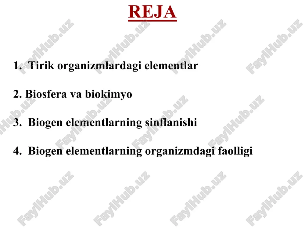 hayot va mehnat faoliyatida atrof-muhitga faol ta’sir ko‘rsatadi va buning natijasida biogen elementlarning miqdoriy nisbatlarini o‘zgarishiga olib keladi. biogen elementlarning sinflanishi tirik organizmdagi hayotiy jarayonlarda bevosita ishtirok etuvchi yoki shu moddalar tarkibiga kiruvchi elementlar biologik faol yoki biogen elementlar deb ataladi. biogen elementlarning sinflanishi ularning elektron tuzilishi, organizmdagi miqdori, bajaradigan vazifalarining ahamiyati va boshqa qator tushunchalarga asoslangandir. biogen elementlar elektron tuzilishi bo‘yicha s, p va d elementlarga ajratiladi. organizmdagi miqdori bo‘yicha biogen elementlar quyidagicha sinflanadi: makrobiogen elementlar — organizmdagi umumiy miqdori 1% va undan ortiq bo‘lgan elementlar. bularga o, c, h, n, ca, p misol bo‘ladi; oligobiogen elementlar — organizmdagi miqdorlari 0,01—1% ni tashkil etadigan elementlar. bunday elementlarga mg, fe, k, na, cl, s kiradi; mikrobiogen elementlar — organizmdagi miqdori 0,01% dan kichik bo‘lgan elementlardir (au, se, bi, hg, br, i va boshqalar). elementlar tirik organizmlarda bajaradigan vazifalarning ahamiyatliligi bo‘yicha quyidagi uch asosiy sinfga bo‘linadi. hayotiy zarur bo‘lgan elementlar. bunday …