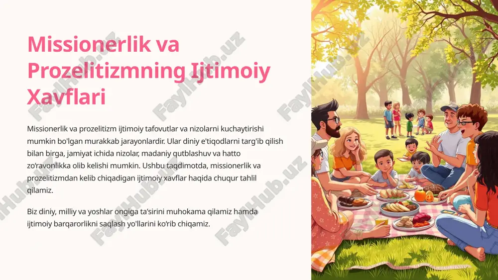 qatnov va ajralish jamiyat bo‘linib, diniy qarashlar asosida ajralishlar kuchayadi. 5 milliy qadriyatlarga tahdid tarixiy an’analarning yo‘qolishi missionerlik milliy va madaniy qadriyatlarni siqib chiqarishi mumkin. tillar va urf-odatlarning kamayishi yangi diniy ta’sirlar madaniy xilma-xillikka zarar yetkazadi. milliy o‘zlikka tahdid qadimiy an’analar e’tibordan chetda qoladi, milliy birlik xavf ostida bo‘ladi. 6 yoshlar ongini zaharlash noto‘g‘ri va agressiv ta’lim ba’zi missionerlik faoliyatlari yoshlar ongida ziddiyat va noaniqlik uyg‘otadi. manafsatli e’tiqod o‘rnatish yoshlar tabiiy fikrlash imkoniyatidan cheklanishi mumkin. jamiyatdan ajralish ijtimoiy aloqalar zaiflashib, yoshlarning izolyatsiyasi ortadi. 7 ijtimoiy barqarorlikka putur yetkazish qutblashish jamiyatda diniy va ijtimoiy bo‘linish kuchayadi. 1 nizo va nizolar to‘qnashuv va kelishmovchiliklar ko‘payadi. 2 iqtisodiy va siyosiy inqiroz barqarorlikka zarar, rivojlanishning to‘xtashi yuzaga keladi. 3 8 missionerlikning salbiy oqibatlarining oldini olish yo‘llari madaniy hurmatni ta’minlash diniy faollikda madaniy va milliy an’analarga e’tibor berish. ta’lim va axborot kampaniyalari jamiyatni diniy tolerantlikka o‘rgatish, noto‘g‘ri qarashlarni oldini olish. qonuniy nazorat diniy faoliyatlarni muvofiqlashtirish …