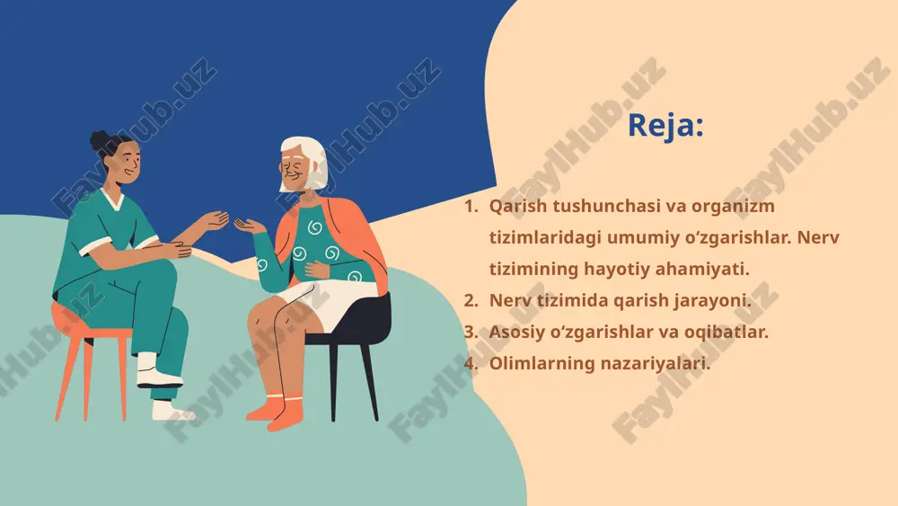 lantira oladi. • doimiy o‘rganish, sport va muloqot neyroplastiklikni rag‘batlantiradi. hayotiy misol: 85 yoshli ayol kundalik yoga mashqlari va she’r o‘rganish orqali diqqat va eslab qolish qobiliyatini saqlab qolgan. ⸻ nerv tizimida qarishning oldini olish bo‘yicha ilmiy tavsiyalar: fizik faollik: yugurish, suzish, yoga. • aqliy mashqlar: kitob o‘qish, yangi tillar o‘rganish, shaxmat o‘ynash. • oziqlanish: antioksidantlarga boy ovqatlar (mevalar, sabzavotlar, yong‘oqlar). • uyqu gigiyenasi: sifatli va yetarli uyqu. • ijtimoiy faollik: oila va do‘stlar bilan muloqot. ilmiy isbot: harvard universitetining tadqiqotiga ko‘ra, faol ijtimoiy hayot kechiradigan keksalarda altsgeymer kasalligi rivojlanish ehtimoli 40% kamroq bo‘ladi. xulosa: nerv tizimi qarish jarayonida fiziologik va biokimyoviy o‘zgarishlarga duch keladi. neyronlarning soni va funksiyasi pasayib borishi yod, diqqat, harakat va emotsional stabillikda sezilarli o‘zgarishlarga olib keladi. ammo zamonaviy ilm-fan ko‘rsatmoqda: • faol hayot tarzi, • sog‘lom ovqatlanish, • doimiy aqliy va jismoniy mashqlar nerv tizimi qarishini sezilarli darajada sekinlashtirishi mumkin. shu sababli, qarilikni tabiiy, lekin …