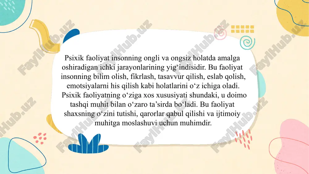 izmlar o‘zaro bog‘liq bo‘lib, psixik barqarorlikni ta’minlaydi. presentation template by emotsional regulyatsiya — bu insonning o‘z his-tuyg‘ularini anglash, ularni boshqarish va ijtimoiy muhitga mos ravishda ifodalash qobiliyatidir. masalan g‘azabni bosib turish yoki quvonchni boshqalar bilan baham ko‘rish. ushbu regulyatsiya o‘z-o‘zini anglash, emotsional ong va empatiya kabi ko‘nikmalar orqali shakllanadi. presentation template by irodaviy regulyatsiya insonning maqsad sari harakat qilishida, to‘siqlarga duch kelganida sabr va bardosh ko‘rsatishida namoyon bo‘ladi. bu regulyatsiya kuchli iroda, qat’iyatlilik, tashabbuskorlik va mustaqillik orqali ifodalanadi. masalan, imtihonga tayyorlanish uchun reja tuzish va unga rioya qilish. presentation template by aqliy regulyatsiya fikrlash jarayonlari orqali amalga oshiriladi. bu jarayonlarda inson o‘z fikrini tahlil qiladi, xulosa chiqaradi, muammolarga yechim topadi. e’tibor, xotira va tafakkur aqliy regulyatsiyaning asosiy tarkibiy qismlaridir. aqliy regulyatsiya qaror qabul qilishda muhim ahamiyatga ega. presentation template by motivatsiya inson faoliyatini boshlash, davom ettirish va tugallashga undovchi ichki kuchdir. u biologik ehtiyojlar, ijtimoiy talablar va shaxsiy maqsadlar asosida …