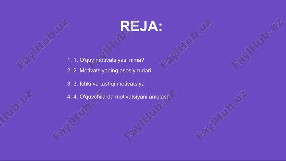 'lgan rag'bati va natijadorligi oshiriladi, muvaffaqiyat kafolatlanadi. 4. o'quvchilarda motivatsiyani aniqlash 01 o‘quv motivatsiyasiga oilaviy muhit, ijtimoiy qo‘llab-quvvatlash va do‘stlar ta’siri kuchli ta’sir ko‘rsatadi, bu omillar o‘quvchini rag‘batlantiradi. 02 ustozlarning yondashuvi, o‘qitish uslublari va baholash tizimi ham o‘quvchilarning ichki motivatsiyasini shakllantirishda muhim rol o‘ynaydi. 03 shaxsiy qiziqishlar, muvaffaqiyat tajribalari va kelajakdagi maqsadlar o‘quv motivatsiyasini kuchaytiradi hamda o‘rganishga bo‘lgan ishtiyoqni oshiradi. 5. motivatsiyaga ta'sir qiluvchi omillar o‘quvchilarning motivatsiyasini oshirishda o‘qituvchining roli juda muhim. ular rag‘batlantirish va qiziqarli ta’lim muhitini yaratishda yetakchi hisoblanadi. o‘qituvchi o‘zining iliq munosabati, sabr-toqati va o‘z sohasiga bo‘lgan ishtiyoqi orqali o‘quvchilarga ijobiy ta’sir ko‘rsatishi mumkin. 6. o'qituvchining roli motivatsiyani kuchaytirish uchun o‘qituvchi individual yondashuv, zamonaviy metodlardan foydalanish va o‘quvchilarni maqsad sari yo‘naltirishga e’tibor berishi zarur. 01 o'quvchilarning motivatsiyasi ularning ta’limdagi muvaffaqiyatiga bevosita ta’sir qiladi. maqsad belgilash motivatsiyani oshirishda muhim strategiya hisoblanadi, chunki u yo’nalish beradi. 02 rag'batlantirish orqali bolalar ichki va tashqi motivatorlar vositasida rivojlanadi. ushbu usul o’quv …