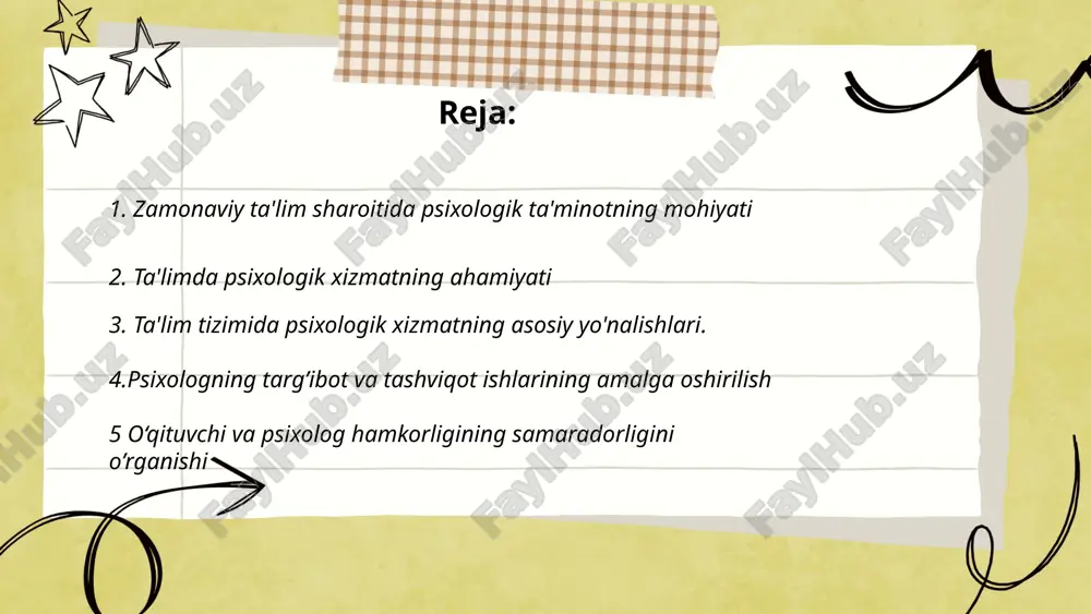ologik yordam xizmatlari o'sib bormoqda, bu esa yoshlarning 60% dan ortig'iga qadamba-qadam xizmat ko'rsatish imkonini beradi. ... t.me/slaydai_bot ta'limda psixologik xizmatning ahamiyati katta, chunki u o'quvchilarning ruhiy salomatligini qo'llab-quvvatlashga yordam beradi. psixologik xizmatlar stress, qiyinchiliklar va bilim olishdagi qiyinchiliklarni yengillashtirishda muhim rol o'ynaydi. tadqiqotlar ko'rsatadiki, maktablarda psixologik xizmatlar mavjudligi o'quvchilarni o'qishda muvaffaqiyatli va ijtimoiy jihatdan mehribonroq qiladi. o'zbekistonda ko'plab maktablarda psixologlar faoliyat yuritadi, ular yosh avlodning ruhiy va hissiy rivojlanishini kuzatadi. psixologlar o'quvchilar bilan individual ishlash orqali ularning shaxsiy muammolarini hal etishga yordam beradi. bu xizmatlar o'z navbatida jamoat salomatligini mustahkamlaydi va o'quv muassasalarida sog'lom muhitni yaratadi. o'quvchilarning taxminan 15-20% i psixologik xizmatlarga muhtojligi ko'rsatilgan. ... t.me/slaydai_bot ta'lim tizimida psixologik xizmatning asosiy yo'nalishlari quyidagilardan iborat: 1) o'quvchi va o'qituvchilarni psixologik-emosional qo'llab-quvvatlash; bu yo'nalishda o'quvchilar va pedagoglarning ruhiy salomatligini saqlash muhimdir. 2) ziddiyatlarni hal etish, stress va xavotirni kamaytirish, bu mashg'ulotlar turli pratikumlar va mavzular bilan qo'llab-quvvatlanadi. 3) o'qitishni samaradorligini oshirish …