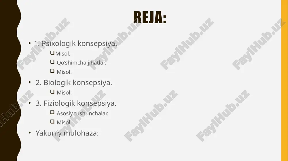 aziyat chekayotgan odam psixologik yondashuv yordamida meditatsiya, vaqtni to‘g‘ri boshqarish va ijobiy fikrlash orqali o‘zini qayta boshqarishi mumkin. 2. biologik konsepsiya bu konsepsiya insonning hayotiy faoliyati asosan biologik tizimlar — asab, endokrin (gormonlar), va genetik omillar orqali boshqarilishini tushuntiradi. asosiy tushunchalar: enetika: insonning tug‘ma xususiyatlari (masalan, intellektual qobiliyatlar, stressga chidamlilik) genlar bilan bog‘liq. neyrobiologiya: miya va asab tizimi harakat, o‘rganish va xotirani boshqaradi. gormonal boshqaruv: gormonlar (masalan, adrenalin, kortizol) stress, faoliyat, uyqu va kayfiyatga ta’sir ko‘rsatadi. evolyutsion jihatlar: odamlarning ayrim xatti-harakatlari (masalan, xavfdan qochish) tarixiy jihatdan hayotiy zarur ehtiyojlarga javoban shakllangan. misol: qo‘rqinchli vaziyatda inson yuragi tez ura boshlaydi — bu biologik jihatdan o‘zini himoya qilish tizimidir. biologik yondashuvda inson organizmidagi tug‘ma va irsiy omillar asosiy boshqaruv manbasi hisoblanadi. har bir insonning individualligi biologik asosga ega. qo‘shimcha jihatlar: bioritmlar: inson tanasi sutkalik ritmlarga ega (masalan, uyg‘onish va uyqu sikllari). bu ritmlar hayotiy faoliyatga katta ta’sir ko‘rsatadi. immun tizimi holati: kuchli …
