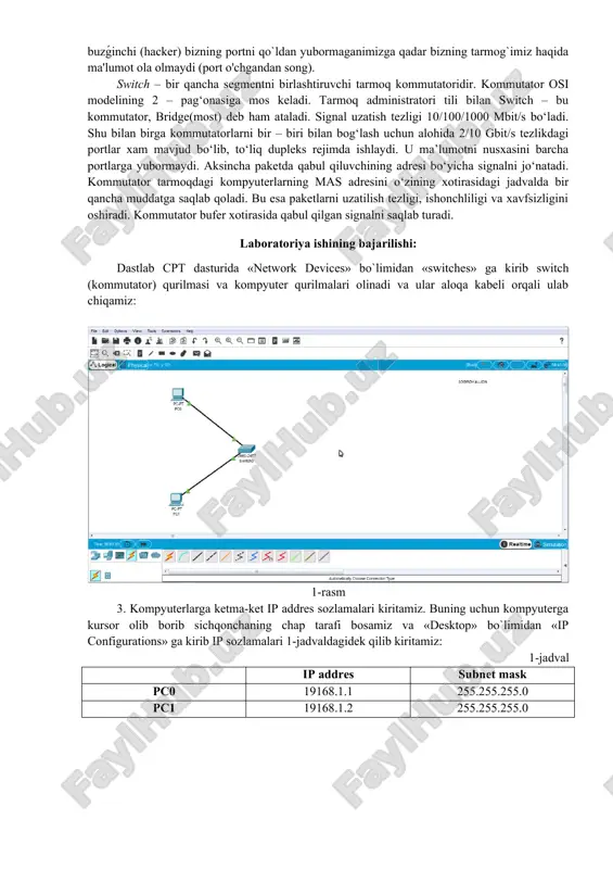 nosoz bo'lsa va biz port xavfsizligida sozlaganimizdan ko'ra ko'proq addreslar portga kirsa nima qilish zurur? bunday holatda quyida keltiritgan uch rejimdan biri kalitning ishlashi uchun masul: • protect - ya'ni mac addreslari bo'lgan ramkalar e'tiborga olinmaydi, qolgan hamma narsa ishlashda davom etadi. bu rejim yaxshi hisoblanadi, sababi port ishlashda davom etmoqda, ammo yomon jihati shunda administrator uning tarmog'ida bunday jarayonlar bo'layotganini hech qachon bilmaydi. • restrict - protect rejimi bilan bitta turda, biroq protect tartibidan farqi snmp orqali bunda administrator uning tarmog'ida bo'layotgan jarayonlar haqida xabar topadi. bundan tashqari snmp bu jarayon haqida ma'lumotni syslog ga yozadi (agar sozlangan bo'lsa). • shutdown - nomidan ko'rinib turibdi, syslog va snmp orqali xabarlarga qo'shimcha ravishda port o'chadi. bu tarmoq xatoliklariga chidamlilik tarafdan unchalik yaxshi emas, biroq buzǵinchi (hacker) bizning portni qo`ldan yubormaganimizga qadar bizning tarmog`imiz haqida ma'lumot ola olmaydi (port o'chgandan song). switch – bir qancha segmentni birlashtiruvchi tarmoq kommutatoridir. kommutator osi …