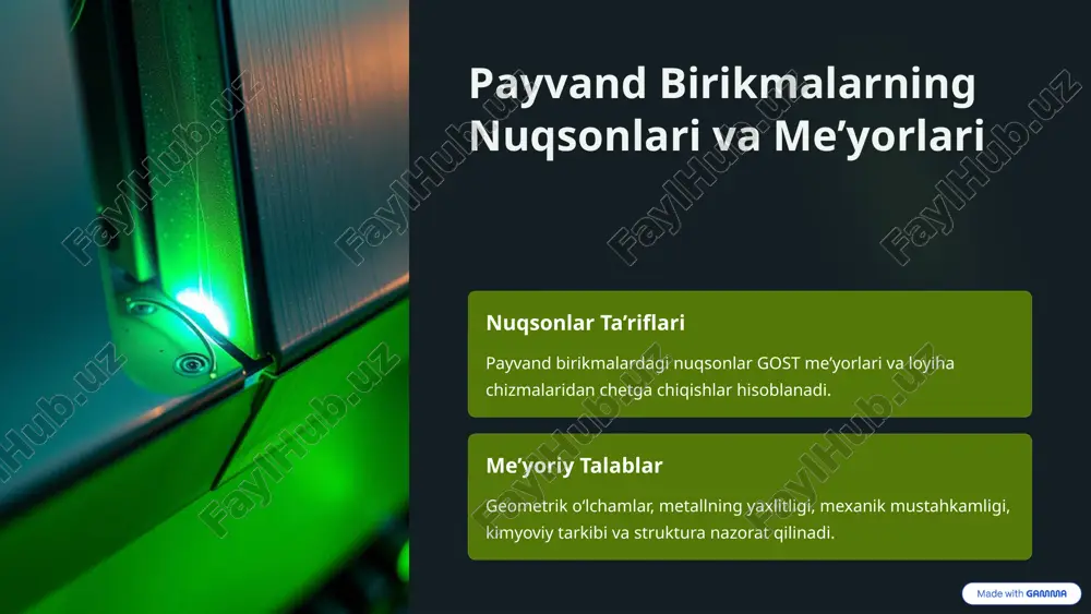 a chidamlilik tekshiriladi. 6 nazorat ob’ektlari va namuna tayyorlash buzmasdan nazorat buyum to‘liq nazorat ob’ekti hisoblanadi. buzib nazorat namuna plastinalar payvandlanadi va sinovdan o‘tkaziladi, ba’zan buyumdan to‘g‘ridan-to‘g‘ri olinadi. 7 payvand konstruksiyada sifat nazoratining ahmiyati payvand konstruksiyaning sifat nazorati mahsulotning mustahkamligi va xavfsizligini ta’minlash uchun zarur. nuqsonlarni erta aniqlash va bartaraf etish ishlab chiqarish jarayonini samarali qiladi. bu jarayonlar texnologik talablar asosida amalga oshiriladi va konstruktsiyaning uzoq muddatli ishlashini kafolatlaydi. 8 payvand birikmalarni tekshirish jarayonlari 1. tayyorlik payvand birikmalarni tayyorlash va termik ishlov berish. 2. buzmasdan nazorat vizual, radiatsion, ultratovush va boshqa usullar bilan tekshirish. 3. buzib nazorat mexanik va metallografik sinovlar orqali sifatni baholash. 9 asosiy xulosa va tavsiyalar sifat nazorati muhimligi payvand birikmalarning sifatini ta’minlash konstruktsiyaning mustahkamligini oshiradi. ikki nazorat usuli buzmasdan va buzib nazorat usullari birgalikda qo‘llanilishi kerak. texnologik talablar har bir bosqichda texnologik jarayonlarga qat’iy rioya qilish zarur. 10 image-1002-1.png image-1002-2.png image-1-1.png image-1-2.png image-1003-1.png image-1003-2.png image-2-1.png image-1004-1.png …