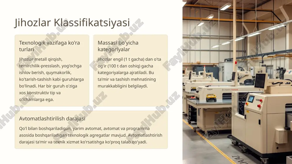 va detallar 1 havo kirishi havo atmosferadan filtr orqali kompressor silindriga kiradi, u yerda pistonlar yordamida siqiladi. 2 siqish jarayoni porshen silindr bo'shlig'ida siqilgan havoni haydash klapan orqali chiqaradi. 3 bosim regulyatsiyasi regulyator va manometrlar yordamida bosim nazorat qilinadi, ortiqcha bosim klapan orqali chiqariladi. 4 resiver va moy ajratish resiver bosimning pulsatsiyalarini to’xtatadi va moydan havo ajratadi, tizimni xavfsiz qiladi. 4 ko'tarish-tashish jihozlari va ta'mirlash qoidalari tishli g’ildiraklar va reduktorlar eng og'ir sharoitda ishlaydigan detal va mexanizmlar muntazam ravishda tekshiriladi, ularning almashtirilishi va ta'miri zarurati aniqlanadi. metall konstruksiyalar yoriqlar, ezilishlar payvandlash yoki to'g'irlash orqali tiklanadi, yangilanish uchun ruxsatnomalar olinadi. texnik nazorat ta'mir sifati va xavfsizlikni nazorat qilish uchun otk mas'ullari tomonidan tekshiruvlar o'tkaziladi. yuqori sifatli va ishonchli ko'tarish-tashish jihozlarini ta'mirlash uchun qat'iy qoidalar va qat'iy mexanizmlar qo'llaniladi. 5 quymakorlik jihozlarini ta'mirlash harorat va qismlarning zanglanishi quymakorlik mashinalari yuqori haroratli va changli sharoitlarda ishlaydi, bu esa qismlarning tez eskirishiga olib keladi. …