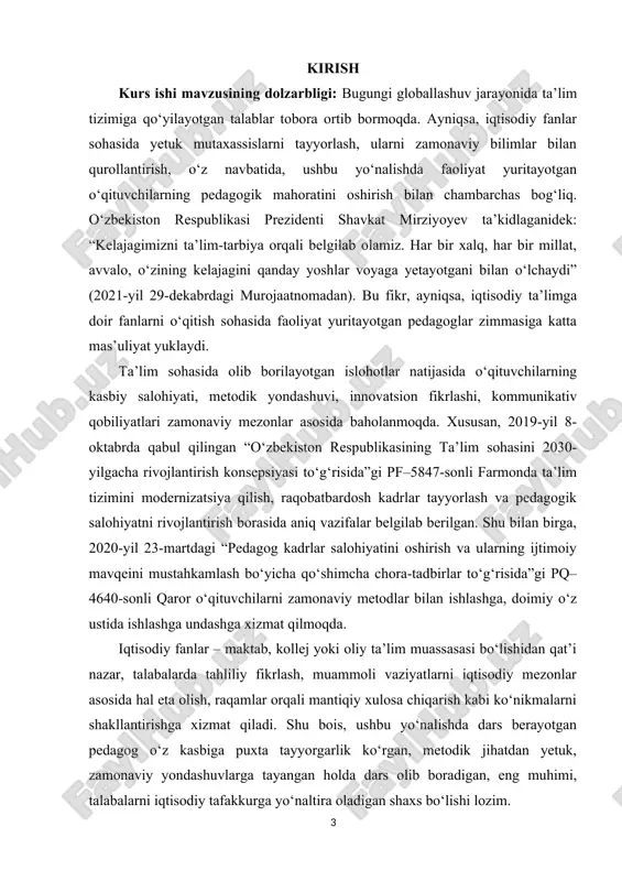 vojlantirish konsepsiyasi to‘g‘risida”gi pf–5847-sonli farmonda ta’lim tizimini modernizatsiya qilish, raqobatbardosh kadrlar tayyorlash va pedagogik salohiyatni rivojlantirish borasida aniq vazifalar belgilab berilgan. shu bilan birga, 2020-yil 23-martdagi “pedagog kadrlar salohiyatini oshirish va ularning ijtimoiy mavqeini mustahkamlash bo‘yicha qo‘shimcha chora-tadbirlar to‘g‘risida”gi pq–4640-sonli qaror o‘qituvchilarni zamonaviy metodlar bilan ishlashga, doimiy o‘z ustida ishlashga undashga xizmat qilmoqda. iqtisodiy fanlar – maktab, kollej yoki oliy ta’lim muassasasi bo‘lishidan qat’i nazar, talabalarda tahliliy fikrlash, muammoli vaziyatlarni iqtisodiy mezonlar asosida hal eta olish, raqamlar orqali mantiqiy xulosa chiqarish kabi ko‘nikmalarni shakllantirishga xizmat qiladi. shu bois, ushbu yo‘nalishda dars berayotgan pedagog o‘z kasbiga puxta tayyorgarlik ko‘rgan, metodik jihatdan yetuk, zamonaviy yondashuvlarga tayangan holda dars olib boradigan, eng muhimi, talabalarni iqtisodiy tafakkurga yo‘naltira oladigan shaxs bo‘lishi lozim. pedagogik mahorat – bu nafaqat bilim berish, balki har bir o‘quvchining shaxs sifatida shakllanishiga, uning o‘ziga xos fikrlashini qo‘llab-quvvatlashga xizmat qiluvchi murakkab kasbiy kompetensiyalar majmuasidir. u nafaqat didaktik, balki psixologik, kommunikativ, innovatsion …