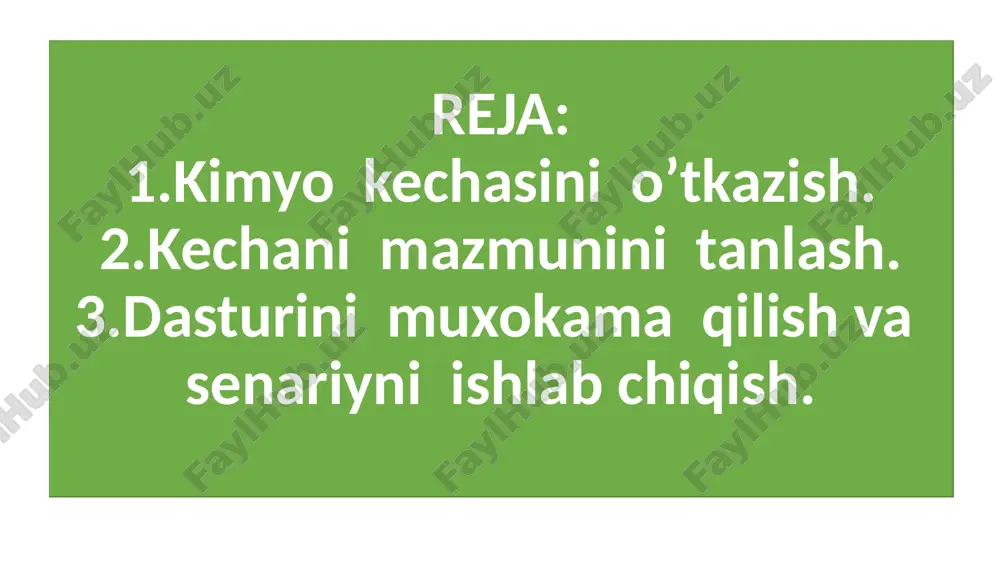 digan kechalar: a) qiziqarli kimyo kechalari; b) yubiley kechalari; v) o‘quvchilarning ijodiy ishlarini ko‘rsatish kechalari; g) hozirgi zamon kimyosining va kimyo sanoatining muvaffaqiyatlarini ko‘rsatish kechalaridir. qiziqarli kimyo kechalari sinfdan tashqi eng muxim tadbirlarning biridir. afsuski, qiziqarli kimyo kechalari tashkil etishda katta kamchiliklarga yo‘l qo‘yiladi. ko‘pincha, qiziqarli kimyo kechalari o‘tkazish, «fokuslar» ko‘rsatishdan iborat bo‘lib qoladi, kecha qatnashchilari «odatdagidan tashqari» hodisalar ko‘rsatib, hozir bo‘lganlarni «hayratda qoldiradilar»: rangsiz moddani qizil, oq, sariq va boshqa tusdagi moddalarga aylantiradilar, suvdan «oltin», «sut», «qon» hosil qiladilar, yog‘ochni olov yoqmasdan ko‘mirga aylantiradilar, moddalarni gugurt chaqmay o‘t oldiradilar, fotoapparatsiz «suratga oladilar», olov bilan «rasm soladilar» va hokazo; hozir bo‘lganlar hayratda qoladilar; kecha anna shu bilan tugaydi. bunday kecha foyda keltirmaydi, aksincha, zarar etkazadi; kechada hozir bo‘lganlar moddalar va ularning o‘zgarishi to‘g‘risidagi fan -kimyo haqida buzuq tasavvur olib qaytadilar. shuni esdan chiqarmaslik kerakki, ta’lim-tarbiya usulida qiziqarlilik vazifasi qiziqtirishning o‘zidangina iborat bo‘lmay, balki o‘quvchilarda to‘g‘ri, ilmiy dunyoqarash hosil qilishga yordam …