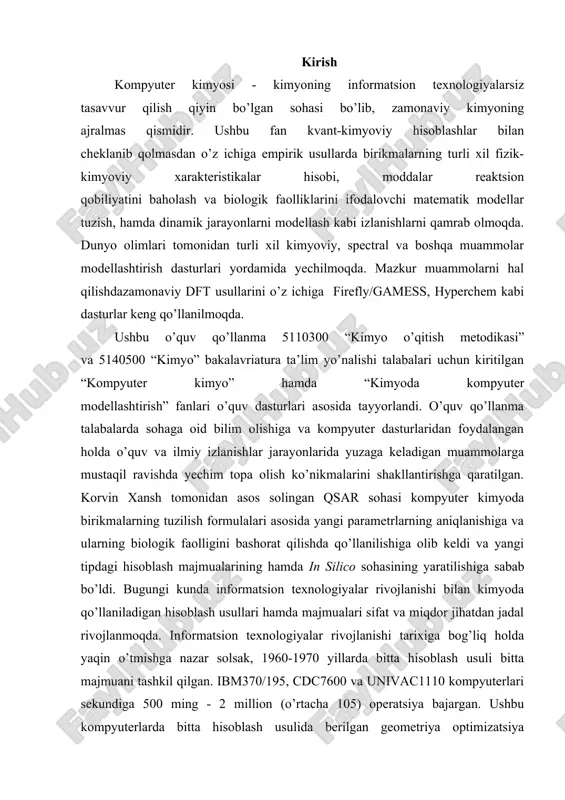 ga nazar solsak, 1960-1970 yillarda bitta hisoblash usuli bitta majmuani tashkil qilgan. ibm370/195, cdc7600 va univac1110 kompyuterlari sekundiga 500 ming - 2 million (o’rtacha 105) operatsiya bajargan. ushbu kompyuterlarda bitta hisoblash usulida berilgan geometriya optimizatsiya qilinmasdan (inglizchada: single point calculations) hisoblashlar bajarilgan, jumladan birikmaning umumiy energiyasi, dipol momenti, atomlardagi zaryad taqsimotlari, orbital energiyalari va shu kabi kattaliklar aniqlangan. lekin geometriya optimallashtirilganidan keyingi hisoblangan xarakteristikalar oldingi hisoblangan xarakteristikalardan farq qilishi mumkin . chet el statistik ma’lumotlarida keltirilicha bitta dorini amaliyotga tadbiq qilish uchun uning dastlabki sintez qilingan yoki o’simliklardan ajratib olingan vaqtidan hisoblaganda 5 yildan 16 yilgacha vaqt va 100 mln. dollar mablag’ sarf bo’larkan. harajatlarni kamaytirish uchun 1000-ta birikmaning farmakologiyasini o’rganish o’rniga ularning ichidagi faol bo’lishi mumkin bo’lgan bir nechta birikmalarni o’rganish harajatlarni keskin kamaytiradi. birikmalarning tuzilish formulalari asosida ularning biologik faolliklarini bashorat qilish, struktura-biologik faollik bog’liqliklarini o’rganish talab qilinardi. bu sohadagi birinchi ishni, bugungi kunda “qsar otasi” nomini olgan …