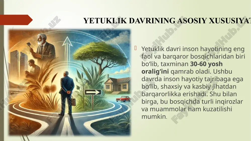 sindromi) juftliklar o‘rtasidagi iliqlikning pasayishi ota-onalarning keksayishi va ularga g‘amxo‘rlik qilish zaruriyati 🛠 yechim: oila a’zolari bilan ochiq va samimiy muloqot qilish o‘zaro tushunishni oshirish va birga sifatli vaqt o‘tkazish juftliklar orasidagi iliq munosabatlarni saqlashga harakat qilish 3. o‘zlikni anglash inqirozi ✅ sabablari: hayot mazmuni va maqsadini qayta ko‘rib chiqish ehtiyoji yoshning o‘sishi bilan erishilgan natijalar va orzular o‘rtasidagi tafovut o‘zining jismoniy va ruhiy o‘zgarishlarini qabul qilish muammosi “qarib qolish” qo‘rquvi va kelajakka bo‘lgan ishonchsizlik 🛠 yechim: yangi qiziqishlar va maqsadlar topish hayotning yangi bosqichini qabul qilish va undan zavq olish shaxsiy rivojlanish va intellektual faollik bilan shug‘ullanish inqirozlarni yengish yo‘llari va psixologik yondashuvlar 1. shaxsiy yondashuvlar 2. psixologik yondashuvlar 3. jamoaviy va ijtimoiy yondashuvlar 1. shaxsiy yondashuvlar hissiy barqarorlik moslashuvchan fikrlash maqsad va rejalashtirish stressni kamaytirish uchun chuqur nafas olish, meditatsiya, va jismoniy mashqlar muammoni turli burchaklardan ko‘rib chiqish va ijobiy yechimlarni izlash. oldinda turgan qiyinchiliklarni bosqichma-bosqich yengish strategiyalarini …