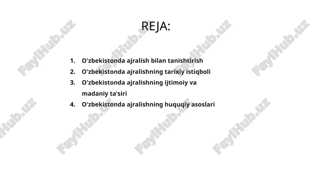 vlodlar an'anaviy oilaviy tuzilmalardan ko'ra shaxsiy baxt va shaxsiy qoniqishni birinchi o'ringa qo'yishga moyil. salavha o‘zbekistonda ajralishlarning asosiy omillariga madaniy, iqtisodiy va ijtimoiy muammolar ta’sir ko‘rsatadi. oiladagi tazyiqlar, moliyaviy muammolar va muloqotning etishmasligi ajrashishning keng tarqalgan sabablari hisoblanadi. 1 o‘zbekistonda nikohdan ajralishning huquqiy asoslari oila kodeksi bilan tartibga solingan bo‘lib, unda nikohni tugatish tartib-taomillari belgilab berilgan. er-xotinlar bir qator qonuniy bosqichlardan o'tishlari kerak, jumladan, ariza berish va sud majlislarida qatnashish. 3 oila kodeksida mulkni taqsimlash, bolani vasiylik qilish, moddiy yordam ko‘rsatish kabi masalalar ham o‘z aksini topgan. jarayon murakkab va ko'p vaqt talab qilishi mumkin, bu esa huquqiy tizimni samarali boshqarish uchun yuridik mutaxassislarning yordamini talab qiladi. 2 o'zbekistonda ajralishlarga ta'sir etuvchi iqtisodiy omillar a iqtisodiy beqarorlik o‘zbekistonda ajralishlar sonining asosiy omili hisoblanadi, chunki moliyaviy tanglik nikohlarni chigallashtirishi va nizolarga olib kelishi mumkin. b ish imkoniyatlarining yo'qligi va ish haqining pastligi turmush o'rtoqlar o'rtasida norozilik va norozilikni keltirib chiqaradi, bu …
