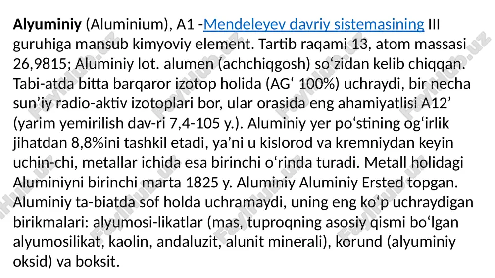 84.1 kj/mol molyar hajm 10.0 sm³/mol o‘zbekistonda shulardan kaolin (toshkent viloyati) va boksit (navoiy va farg‘ona viloyatlari) topilgan. aluminiy giltuproq (a12o,)ni kriolit (na3alf6) bilan suyuqlantirib, elektroliz qilish yo‘li bilan olinadi. giltuproq esa asosan boksitdan olinadi. o‘zbekistonda angren kaolinidan ham giltuproq olish mumkinligi aniqlangan. aluminiy kumushday oq metall, allot-ropik shakl o‘zgarishlari (q. allotropiya) yo‘q. suyuqlanish temperaturasi — 660’, qaynash temperaturasi 2500° atrofida, solishtirma ogʻirligi 2,6989. aluminiy plastik, oson presslanuvchan, bolg‘alanuvchan, qoliplanadigan,cho‘ziladigan metall. 380a. barcha barqaror bi-rikmalarida 3 va-lentli, yuqori temperaturada ba’zan 1, kamdan-kam hollarda 2 va-lentli bo‘lishi mum-kin. aluminiy sirka, vino, limon kislotalari va boshqa organik moddalar ta’siriga turg‘un. aluminiy kislorod bilan tez b pri kadi, shu sa-babli uning usti hamisha oksid pardasi bilan qoplangan bo‘ladi; oksid pardasi zich bo‘lganidan u aluminiyni zanglashdan va turli moddalar ta’siridan saqlaydi. aluminiy kukuni shiddat bilan yonadi, yuqori temperaturada galo-genlar bilan birikib, aluminiy ftorid (a1f3), aluminiy xlorid (a1s13), aluminiy bromid (a1vg3), aluminiy yodid (a1j3), aluminiy …