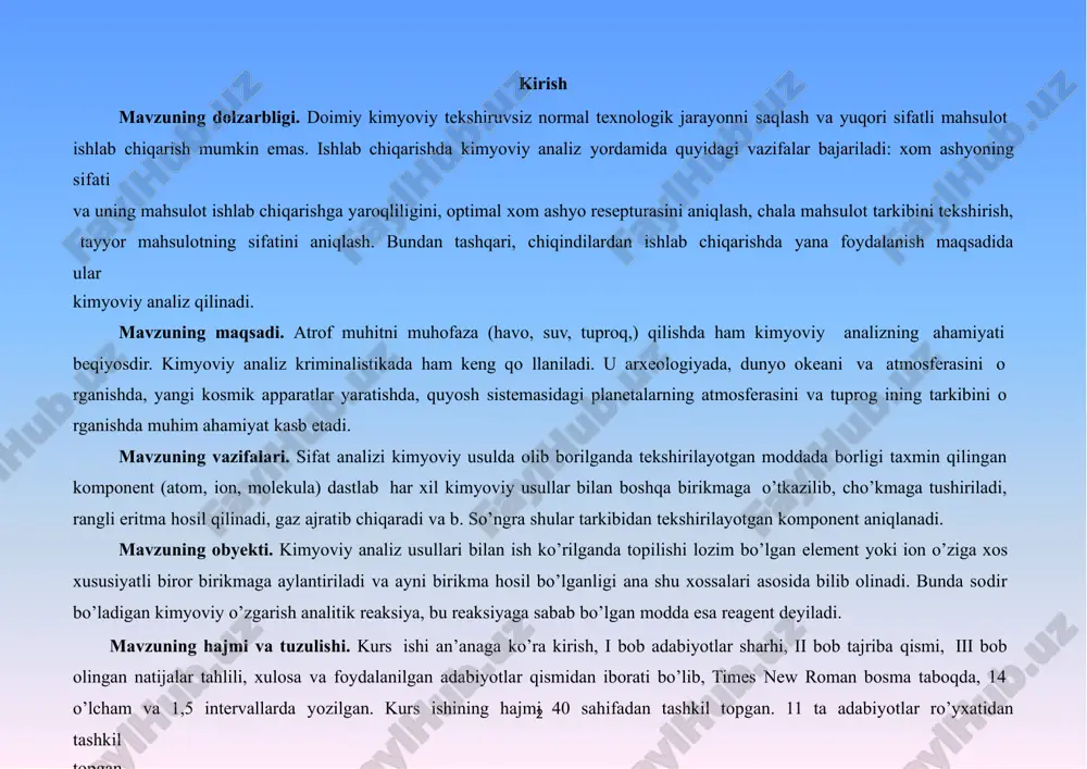 z ajratib chiqaradi va b. so’ngra shular tarkibidan tekshirilayotgan komponent aniqlanadi. mavzuning obyekti. kimyoviy analiz usullari bilan ish ko’rilganda topilishi lozim bo’lgan element yoki ion o’ziga xos xususiyatli biror birikmaga aylantiriladi va ayni birikma hosil bo’lganligi ana shu xossalari asosida bilib olinadi. bunda sodir bo’ladigan kimyoviy o’zgarish analitik reaksiya, bu reaksiyaga sabab bo’lgan modda esa reagent deyiladi. mavzuning hajmi va tuzulishi. kurs ishi an’anaga ko’ra kirish, i bob adabiyotlar sharhi, ii bob tajriba qismi, iii bob olingan natijalar tahlili, xulosa va foydalanilgan adabiyotlar qismidan iborati bo’lib, times new roman bosma taboqda, 14 o’lcham va 1,5 intervallarda yozilgan. kurs ishining hajmi 40 sahifadan tashkil topgan. 11 ta adabiyotlar ro’yxatidan tashkil topgan. 3 i bob. adabiyotlar sharhi 1.1. sifat analizi haqida umumiy ma’lumot sifat analizi — analitik kimyoning asosiy boʻlimlaridan biri; analiz qilinayotgan modda yoki moddalar aralashmasidagi elementlar, radikallar, funksional guruxlar va birikmalarni kimyoviy, fizikkimyoviy, fizikaviy aniklash va identifikatsiyalash usullari majmui. sifat …