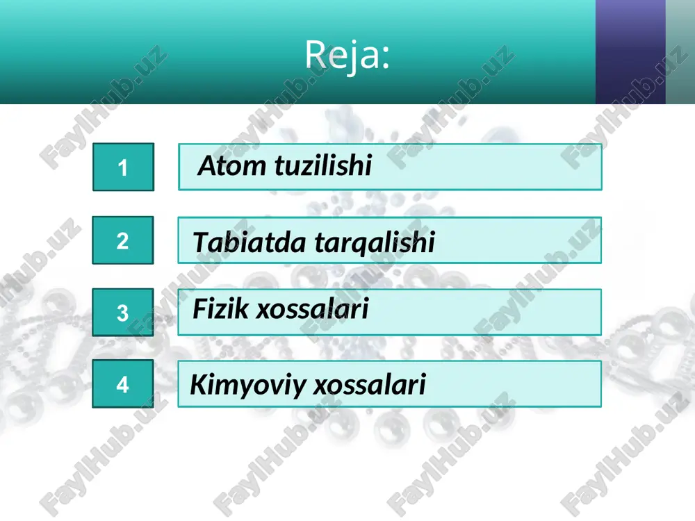 idlanish holatidan himoya qilib turadi: 4al + 3o2 → 2al2o3 alyuminiy ko‘pchilik metallarning oksidlari bilan ham ta’sirlashadi. agar alyuminiy va temir (ii, iii)-oksidlarni aralashtirib, cho‘g‘lanib turgan sim tekkizilsa, juda shiddatli ekzotermik reaksiya sodir bo‘ladi: 8al + 3fe3o4 → 4al2o3 + 9fe + 3 300 kj ishlatilishi. alyuminiy va uning qotishmalari yengilligi va havo, namlik ta’siriga chidamli bo‘lganligi uchun xalq xo‘jaligida keng ishlatiladi. masalan, dyuralyuminiy (95% al, 4% cu, 0,5% mg, 0,5% mn) po‘lat kabi mustahkam, lekin undan uch barobar yengil. alyuminiy qotishmalari raketa, aviatsiya, kemasozlik, temiryo‘l transporti, qurilish, asbobsozlikda ishlatiladi. image2.jpg image3.jpeg image4.jpeg image5.png image6.jpeg image7.jpeg image8.jpeg image9.jpeg image10.jpeg image11.jpeg image12.jpeg image13.jpeg image14.jpeg image15.jpeg image16.jpeg image17.jpeg image18.jpeg image19.jpeg image20.jpeg image21.jpeg image22.jpeg image23.jpeg image24.jpeg image25.jpeg image26.jpeg image27.jpeg image1.jpg /docprops/thumbnail.jpeg