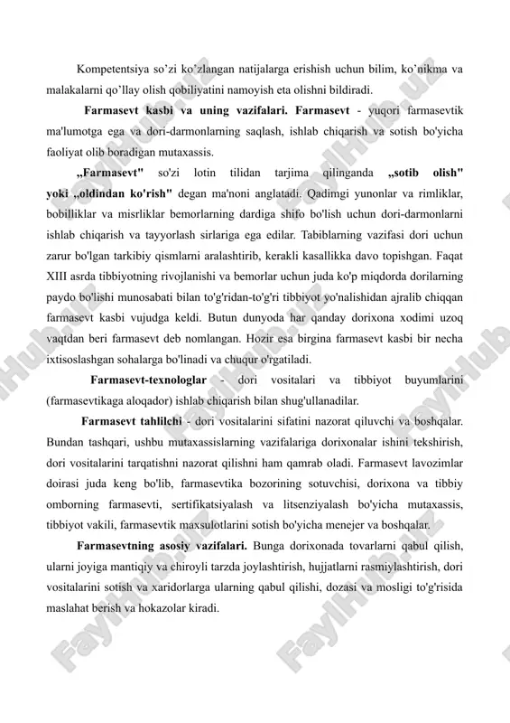 asevt - yuqori farmasevtik ma'lumotga ega va dori-darmonlarning saqlash, ishlab chiqarish va sotish bo'yicha faoliyat olib boradigan mutaxassis. ,,farmasevt" so'zi lotin tilidan tarjima qilinganda ,,sotib olish" yoki ,,oldindan ko'rish" degan ma'noni anglatadi. qadimgi yunonlar va rimliklar, bobilliklar va misrliklar bemorlarning dardiga shifo bo'lish uchun dori-darmonlarni ishlab chiqarish va tayyorlash sirlariga ega edilar. tabiblarning vazifasi dori uchun zarur bo'lgan tarkibiy qismlarni aralashtirib, kerakli kasallikka davo topishgan. faqat xiii asrda tibbiyotning rivojlanishi va bemorlar uchun juda ko'p miqdorda dorilarning paydo bo'lishi munosabati bilan to'g'ridan-to'g'ri tibbiyot yo'nalishidan ajralib chiqqan farmasevt kasbi vujudga keldi. butun dunyoda har qanday dorixona xodimi uzoq vaqtdan beri farmasevt deb nomlangan. hozir esa birgina farmasevt kasbi bir necha ixtisoslashgan sohalarga bo'linadi va chuqur o'rgatiladi. farmasevt-texnologlar - dori vositalari va tibbiyot buyumlarini (farmasevtikaga aloqador) ishlab chiqarish bilan shug'ullanadilar. farmasevt tahlilchi - dori vositalarini sifatini nazorat qiluvchi va boshqalar. bundan tashqari, ushbu mutaxassislarning vazifalariga dorixonalar ishini tekshirish, dori vositalarini tarqatishni nazorat …