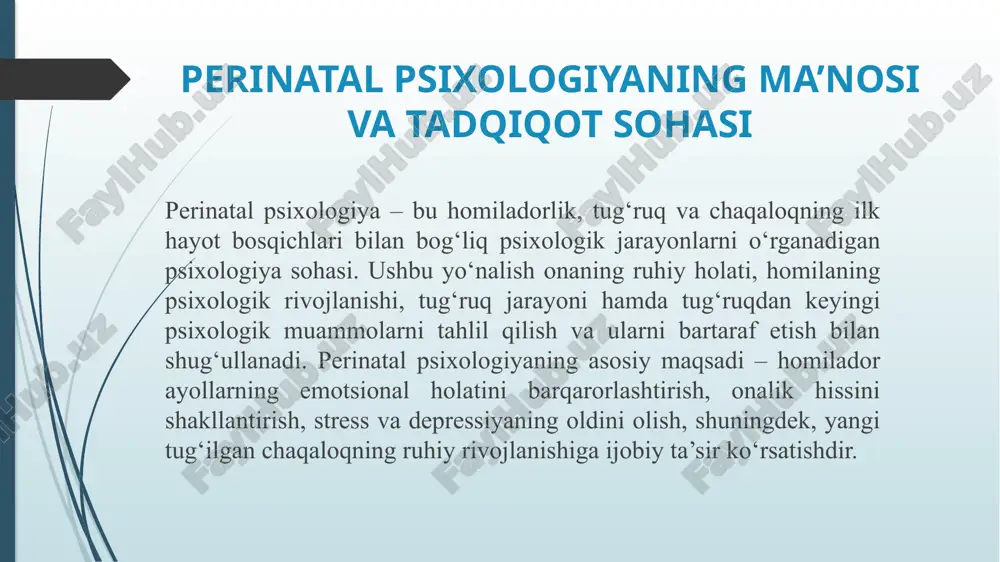 motsional barqarorligi va atrof-muhitdagi qo‘llab-quvvatlash chaqaloqning sog‘lom rivojlanishi uchun muhim omillardir. shu sababli, homilador ayollarga psixologik yordam ko‘rsatish va ularning ruhiy holatini qo‘llab-quvvatlash jamiyatning e’tiborida bo‘lishi kerak. homiladorlik davridagi psixologik o‘zgarishlar hissiy o‘zgarishlar qo‘rquv va xavotir o‘zgarishlarga moslashish – tez-tez kayfiyatning o‘zgarishi, asabiylik, xafagarchilik va ba’zan haddan tashqari quvonch hissi. tug‘ruq jarayoni, chaqaloqning sog‘lig‘i va ona bo‘lish mas’uliyati bilan bog‘liq xavotirlar. ayolning o‘z tanasidagi o‘zgarishlarni qabul qilishi va yangi hayot bosqichiga tayyorgarlik ko‘rishi. tug‘ruqdan oldin va keyingi psixologik holatlar tug‘ruqdan oldin va keyin ayol organizmida katta o‘zgarishlar ro‘y beradi. bu jarayon nafaqat jismoniy, balki ruhiy jihatdan ham sezilarli ta’sir ko‘rsatadi. tug‘ruq oldidan ayolda hayajon, qo‘rquv, xavotir va kutish hissi kuchayadi. tug‘ruq qanday kechishi, chaqaloqning sog‘lig‘i va o‘zining ona bo‘lishga tayyorgarligi haqida turli savollar paydo bo‘ladi. gormonlar ta’sirida kayfiyat o‘zgarishi, yig‘loqilik va asabiylik holatlari kuzatilishi mumkin. tug‘ruqdan keyin esa ayolda hissiy yuksalish yoki aksincha, depressiv holatlar yuzaga kelishi ehtimoli bor. ba’zi …
