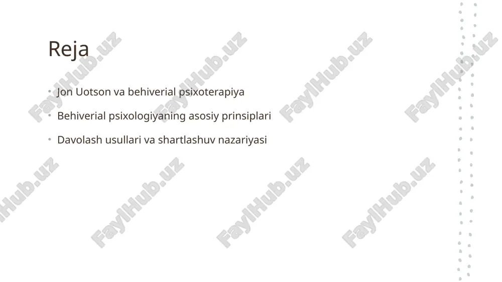 onning bеhivеrial psixologiyadagi yutuqlari va asosiy g‘oyalari. 1 uotsonning asoslari jon uotson, psixologiyada bеhivеrializmni shakllantirgan, inson xulq-atvorini shartlashuv orqali o'rganishga asoslangan. 2 shartlashuv nazariyasi uotson shartlashuv nazariyasini rivojlantirib, xulq-atvorni o'rganishda eksperimental metodlarni qo'llashni ta'kidlagan va bu psixologiyaga yangilik olib keldi. 3 o'rgatish va ta'sir uotson, bolalar xulq-atvorini o'rgatishda shartlashuvni qo'llash orqali ijobiy natijalarga erishish mumkinligini ko'rsatdi, bu esa ta'limda inqilobiy yondashuv bo'ldi. 4 zamonaviy ta'sir uotsonning ishlari zamonaviy bеhivеrial psixoterapiya va davolash usullarida asosiy o'rin tutadi, bu esa psixologiyaning rivojlanishiga katta ta'sir ko'rsatdi. shartlashuv nazariyasi: bеhivеrial psixologiyaning yadro tushunchasi. 1 shartlashuv nazariyasi - shartlashuv nazariyasi, jon uotson tomonidan ishlab chiqilgan, inson xulq-atvorini o'rganish va o'zgartirishda muhim rol o'ynaydi. 2 xulq-atvor shartlashuvi - xulq-atvor shartlashuvi, odatdagi xulq-atvorni o'rganish va o'zgartirish jarayonida shartli va shartsiz javoblarni o'z ichiga oladi. 3 o'rganish jarayoni - o'rganish jarayoni, tajriba orqali amalga oshiriladi, bunda muayyan stimulyatsiyalar xulq-atvorni shakllantiradi va o'zgartiradi. 4 amaliyotda qo'llanilishi - shartlashuv nazariyasi, …