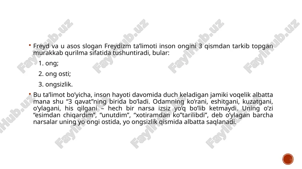 fatida tanilgan bo’lib, uning bu kashfiyoti xx asr psixologiyasi, tibbiyoti, sotsiologiyasi, anrtopologiyasi, adabiyoti va san’ati rivojiga sezilarlita’sir ko’rsatgan zigmund freyd tadqiq etib erishgan muhim ilmiy yangiliklar: 1. inson psixikasining “ong”, “ong osti”, “ongsizlik” bo’limlaridan iborat uch tarkibli tuzilmani ishlab chqqan. 2. inson psixikasidagi himoyaviy mexanizmlar muntazam ishlab turishini kashf etgan. 3. inson ruhiy kechinmalari transferi (bir odamdan boshqa odamga “ko’chib o’tishi”) ning muhim tibbiy ahamiyatini ko’rsatib bergan, shuningdek, terapevtik davolashning erkin muloqot va tushlarga asoslangan usullarini joriy etgani ayniqsa mashhur. image2.png image3.png /docprops/thumbnail.jpeg