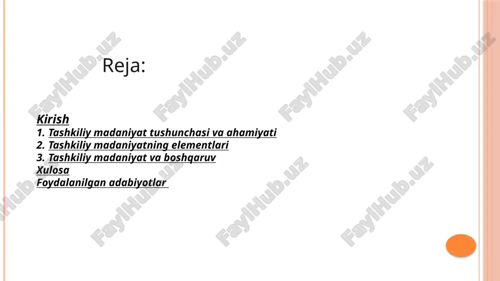 l etadi. normalar va xulq-atvor qoidalari - bu yozilgan va yozilmagan standartlar bo'lib, ular xodimlarning kundalik xatti-harakatlarini belgilaydi. ramzlar va an'analar esa tashkilot qadriyatlarini ko'rinadi qiladigan marosimlar, tadbirlar va belgilardir. ular yangi xodimlarga madaniyatni tushunish va qabul qilishga yordam beradi. 4 tashkiliy madaniyat turlari klan madaniyati oilaviy muhitga asoslangan ijtimoiy aloqalar va hamkorlikka urg'u beradi jamoa a'zolari o'rtasida yuqori darajadagi ishonch qaror qabul qilishda barcha ishtirok etadi ierarhiya madaniyati tuzilma va nazoratga asoslangan aniq belgilangan qoidalar va protseduralarga amal qilish barqarorlik va natijalarni oldindan aytish mumkinligi rasmiy tizimlar va jarayonlar orqali boshqaruv bozor madaniyati natijalar va raqobatga asoslangan samaradorlik va maqsadlarga erishishga e'tibor tashqi muhitga moslashish qobiliyati o'lchanadigan ko'rsatkichlar asosida ishlash adhokratiya madaniyati innovatsiyalar va moslashuvchanlikka asoslangan yangi g'oyalar va ijodkorlikni rag'batlantirish tezkor o'zgarishlarga moslashuvchanlik individual tashabbuskorlik va erkinlik 5 ijtimoiy ish tashkilotlarida madaniyatni shakllantirish rahbarning roli rahbar tashkilot madaniyatining asosiy shakllantirishida muhim ahamiyatga ega. uning shaxsiy qadryatlari, qaror qabul …