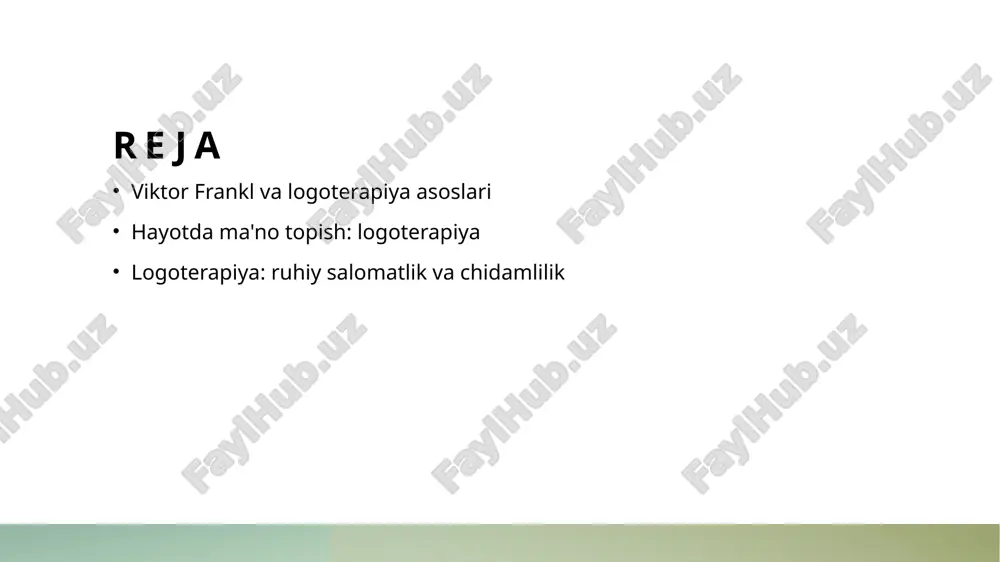 salomatlikni mustahkamlashlari mumkin. logoterapiya: hayotdagi ma'noni qidirishning psixologik yo'nalishi. logoterapiya tushunchasi logoterapiya, viktor frankl tomonidan ishlab chiqilgan, inson hayotidagi ma’no va maqsadlarni izlashga qaratilgan psixoterapiya usulidir. hayot ma'nosi ma'no tushunchasi, logoterapiya asosida, insonning ruhiy salomatligini mustahkamlashda, ichki motivatsiya va hayotga bo'lgan qiziqishni oshirishda muhimdir. psixologik jarayon logoterapiyada, hayotdagi ma'noni qidirish psixologik jarayon sifatida ko'rilib, insonning o'z-o'zini anglash va ijtimoiy aloqalarini rivojlantirishga yordam beradi. ma'no tushunchasi: viktor franklning logoterapiyadagi roli. ma'no tushunchasi viktor frankl logoterapiyasida ma'no tushunchasi insonning hayotdagi asosiy motivatsiyasi sifatida ko'riladi, bu esa ruhiy salomatlikni ta'minlaydi. hayotdagi ma'no franklning fikricha, hayotda har bir inson uchun o'ziga xos ma'no mavjud, va bu ma'noni topish ruhiy barqarorlikni oshiradi. ma'no qidirish logoterapiya jarayonida bemorlar o'z hayotlaridagi qiyinchiliklarni yengib o'tish uchun ma'no qidirish orqali yangi umid va kuch topadilar. logoterapiya orqali ruhiy salomatlikni mustahkamlash usullari. logoterapiya asoslari logoterapiya, viktor frankl tomonidan ishlab chiqilgan, inson hayotidagi ma'noni qidirish jarayonini ta'kidlaydi. bu jarayon ruhiy salomatlikni …