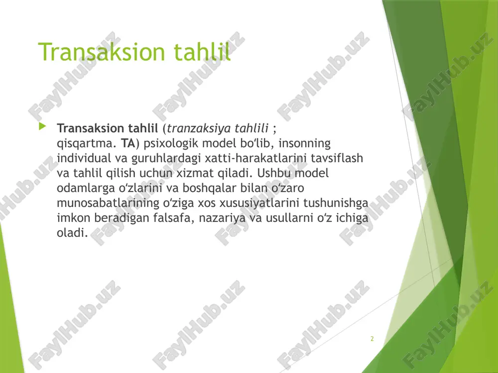 ga nisbatan notoʻgʻri munosabatda, tanqidiy va gʻamxoʻrlikda namoyon boʻladi. ichkarida — bizning ichki farzandimizga taʼsir qilishda davom etadigan eski ota-ona nasihatlari kabi koʻrinishda boʻladi. 5 6 voyaga etgan odam (katta odam) ego holati (k) shaxsning yoshiga bogʻliq emas. u hozirgi voqelikni idrok etishga va ob’ektiv maʼlumot olishga qaratilgan. u tashkillashtirilgan, yaxshi moslashtirilgan, topqir va haqiqatni oʻrganish, uning imkoniyatlarini baholash va xotirjamlik bilan hisoblash orqali ishlaydi. bola ego holati (b) bolada tabiiy ravishda paydo boʻladigan barcha impulslarni oʻz ichiga oladi. shuningdek, u erta bolalikdagi tajribalar, oʻziga va boshqalarga boʻlgan munosabati va munosabatlarini oʻz ichiga oladi. bu bolalikning „eski“ xatti-harakati sifatida ifodalanadi. bolaning ego holati shaxsiyatning ijodiy namoyon boʻlishi uchun ham javobgardir. tranzaksiyalar(operatsiyalar) tranzaksiya — bu ragʻbatlantirish va javobdan iborat boʻlgan aloqa birligi. masalan, ogohlantiruvchi: "salom! ", reaktsiya: "salom! ishlaringiz qalay? ". muloqot (tranzaksiyalar almashinuvi) paytida bizning ego holatlarimiz aloqa sherigimizning ego holatlari bilan oʻzaro taʼsir qiladi. tranzaksiyalarning 3ta turi mavjud: toʻldiruvchi, …