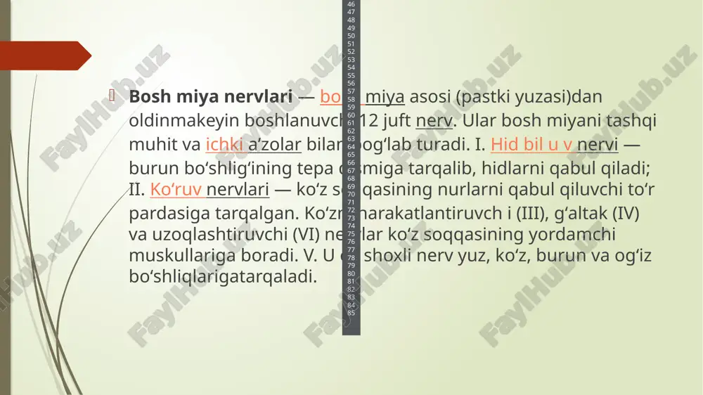 vning (n. trigeminus) tuzilishi va vazifasi uch shoxli nerv faoliyatiga nisbatan aralash nerv bo‘lib, uning tarkibida sezuvchi va harakatlantiruvchi tolalari bor. sezuvchi qismi uchta neyrondan iborat. birinchi neyron chakka suyagi piramidasining uch shoxli nerv botiqligida miyaning qattiq pardasi hosil qilgan bo‘shliqda joylashgan yarim oy shaklidagi gasser tuguni hujayralari. bu hujayralarning aksonlari uch shoxli nervning sezuvchi ildizini hosil qilib, varoliy ko‘prigi, o‘rta miya, uzunchoq miya va orqa miyadagi sezuvchi o‘zaklarga yo‘naladi. ularning dendritlari esa nervning uchta shoxini: 1-shox, ko‘z nervi (n. ophtalmicus), 2-shox, yuqori jag‘ (n. maxillaris) va 3-shox, pastki jag‘ nervini (n. mandibularis) hosil qilib periferiyaga yo‘naladi. 1) neyromediatorlar nerv funksiyasini faollashtiruvchi yoki tormozlovchi neyromo-dullashtiruvchi sistemalar qatoriga kiradi. organizmning tetikligini saklab, kishi tabiatini va tush koʻrishini boshqarib turuvchi noradrenergik sistema; emotsional reaksiyalar, murakkab harakatlar, tetiklik, huzurhalovatni sezishni boshqaruvchi dofaminergik sistema; termoregulyasiya, sezgi, uyquga ketishni boshqaruvchi seratoninergik sistema ham neyromodullashtiruvchi sistemaga kiradi. neyromodul va integrativ sistemalarning oʻzaro taʼsiri tufayli markazii nerv …