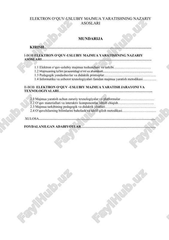 oqda. hozirgi kunda ta'lim tizimi faqatgina an'anaviy darsliklarga tayanib qolmay, balki elektron resurslar va interaktiv materiallardan samarali foydalanishni taqozo etadi. o‘quvchilarni informatika va axborot texnologiyalari fanlari bo‘yicha bilimlarini yanada mustahkamlash, amaliy ko‘nikmalarini rivojlantirish va yangi texnologiyalarni ta'lim jarayoniga joriy etish muhim ahamiyat kasb etmoqda. bugungi kunda o‘quv-uslubiy majmualarning elektron shakllari, masofaviy o‘qishning rivojlanishi va zamonaviy pedagogik texnologiyalarning joriy etilishi ta'lim samaradorligini oshirishda muhim omil hisoblanadi. shuningdek, internet texnologiyalarining o‘quv jarayoniga integratsiyalashuvi o‘quvchilarni faqat bilim olish bilan cheklanmay, balki ularni muammolarni hal qilish, tahlil qilish va yangi yechimlar topishga yo‘naltiradi. informatika va axborot texnologiyalari sohasida zamonaviy elektron majmualar yaratish bugungi kunda o‘quv jarayonini yanada samarali va interaktiv tarzda tashkil etish imkonini beradi. bunday majmualar yordamida o‘quvchilar turli mashqlarni bajarib, mavzuni mustahkamlash, testlardan o‘tish, videodarslar orqali o‘zlashtirish va ko‘plab qo‘shimcha resurslardan foydalanish imkoniga ega bo‘ladilar. shu sababli, informatika va axborot texnologiyalari fanidan elektron o‘quv-uslubiy majmua yaratish metodikasini ishlab chiqish, bu sohada o‘quv …