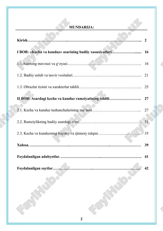 ng intilishlari, kurashlari va maqsadlari aks ettirilgan. [2: . ruhiyat, s. "o'zbek adabiyoti tarixining muhim davrlarida cho‘lponning roli." tashkent: fan, 2000.] cho‘lpon o‘z asarida nafaqat o‘sha davrning ijtimoiy hayotini tasvirlagan, balki insoniyatning umumiy muammolarini ham ko‘tarib chiqqan. bu asar orqali yozuvchi xalqni bilim olishga, o‘z huquqlari uchun kurashga undagan. ayniqsa, ayollarning jamiyatdagi o‘rnini tiklash, ularni ma’rifatli qilish masalalari asarda asosiy o‘rinlardan birini egallaydi. [footnoteref:3]oyhon obrazi buni yaqqol namoyon qiladi. [3: xudoyberdiyev, m. "o'zbek adabiyoti va cho‘lpon." toshkent: o‘qituvchi, 2010.] «kecha va kunduz» romanining yana bir muhim jihati – undagi badiiy til va uslub. cho‘lponning o‘ziga xos poetik ifoda vositalari asarni nafaqat qiziqarli qiladi, balki o‘quvchini chuqur mushohadaga undaydi. roman xalqning o‘sha davrdagi hayotini, turmush tarzini va ijtimoiy munosabatlarini jonli tasvirlash orqali o‘quvchiga yetkazadi. shu bois, «kecha va kunduz» romani milliy adabiyotimizda yangi bosqichni boshlab bergan asar hisoblanadi. bu asarni tahlil qilish orqali biz nafaqat cho‘lponning ijodiy mahoratini, balki o‘z davrining …