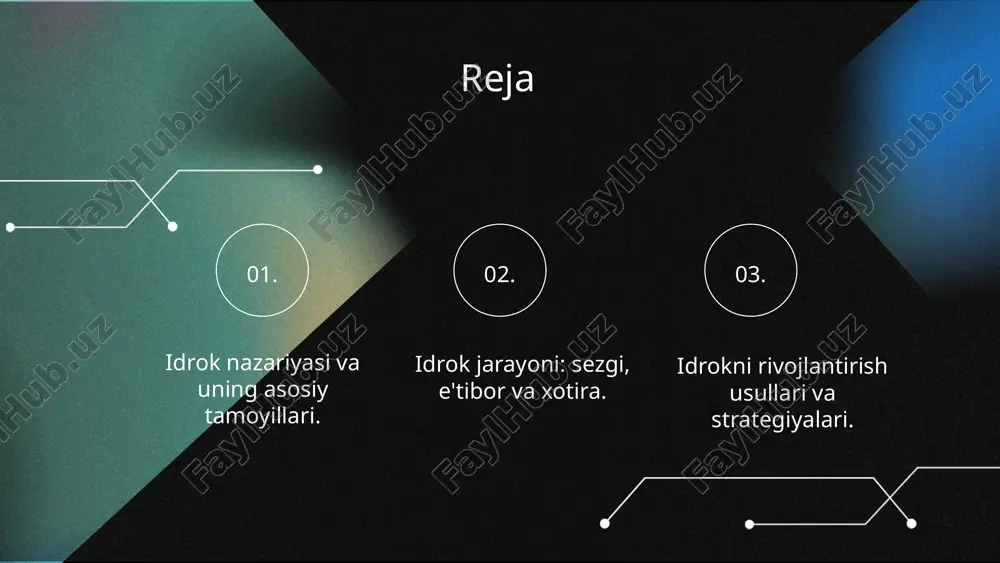, eshitish, tegish, hid va ta'm sezgisi. sezgi jarayoni uch bosqichdan iborat: 1. stimuli qabul qilish; 2. ularni tahlil qilish; 3. ma'lumotni tanib olish. idrok jarayoni: e'tibor va xotira e'tiborning idrokdagi o'rni va turlari e'tibor, idrok jarayonida ma'lumotlarni tanlashda muhim. u ixtisoslashgan, kengaytirilgan va ko'p yo'nalishli bo'ladi. xotira va uning idrok jarayonidagi roli xotira idrok jarayonida ma'lumotlarni saqlash va qayta tiklashda muhim. u qisqa va uzoq muddatli xotiraga bo'linadi. e'tibor va xotira o'rtasidagi bog'liqlik e'tibor va xotira o'rtasidagi bog'liqlik shundaki, yaxshi e'tibor ma'lumotlarni xotiraga olishni osonlashtiradi. e'tibor va xotira amaliyotidagi ahamiyati e'tibor va xotira ko'nikmalari hayotda muvaffaqiyat uchun zarur, o'qish va ishda samaradorlikni oshiradi. idrokni rivojlantirishning asosiy usullari asosiy usullarni ko'rib chiqish idrokni rivojlantirish uchun ta'lim usullari muhim. amaliy mashg'ulotlar jarayonni kuchaytiradi. usullarning afzalliklari va kamchiliklari ta'lim usullarining samaradorligi nazoratga bog'liq. amaliy mashg'ulotlar talabalarning real hayotdagi muammolarni hal qilish qobiliyatini oshiradi. photo by altumcode on unsplash idrokni rivojlantirish strategiyalari idrokni …