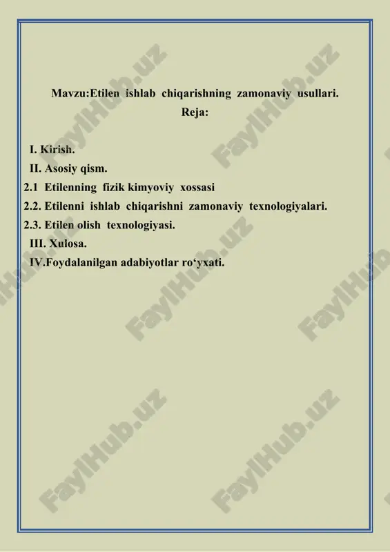 sarmoyalarni faol jalb etishga bag’ishlangan. bundan ko’rinib turibdiki mamlakat rivoji iqtisodiyot bilan chambarchas bog’liqdir. hozirgi paytda har qanday davlatning iqtisodiy imkoniyatlari va kuch-qudrati kimyo sanoatining, jumladan kimyoviy moddalar ishlab chiqarish sanoati va neft kimyosi rivojlanish darajasi bilan baholanadi. chunki mazkur sohalar neftni, tabiiy gazni, toshko’mirni qayta ishlash, sintetik kauchuk, polimer materiallar, bo’yoq moddalar, dori-darmonlar, qishloq xo’jaligida ishlatiladigan moddalar ishlab chiqarishni o’z ichiga oladi. etilen plastmassa va sintetik tolalar ishlab chiqarish uchun xom ashyo sifatida, shuningdek, meva pishishiga yordam beruvchi muhim fitohormon sifatida ishlatiladi. loyiha etilenning turli sohalarda, jumladan, sanoat va qishloq xo‘jaligida muhimligini ta’kidlaydi. o‘zbekiston respublikasi prezidenti sh.m.mirziyoyevning “oliy ta’lim tizimini yanada rivojlantirish chora-tadbirlari to‘g‘risida”gi qarori oliy ta’lim tizimini tubdan takomillashtirish, mamlakatimizni ijtimoiy-iqtisodiy rivojlantirish borasidagi ustuvor vazifalarga mos holda, kadrlar tayyorlashning ma’no-mazmunini tubdan qayta ko‘rib chiqish, xalqaro standartlar darajasida oliy malakali mutaxassislar tayyorlash uchun zarur sharoitlar yaratish maqsadida qabul qilingan. mustaqillik yillarida iqtisodiyotning, ijtimoiy hayotning real talablaridan kelib chiqqan holda, …
