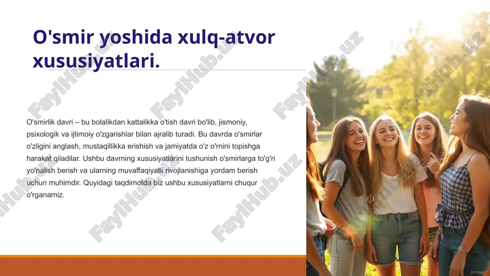 shadi. tengdoshlar o'smirlarning xulq-atvoriga va qadriyatlariga katta ta'sir ko'rsatishi mumkin. 2 ota-onalar bilan ziddiyatlar avlodlar o'rtasidagi tafovutlar va o'zaro tushunmovchiliklar ota-onalar bilan ziddiyatlarga olib kelishi mumkin. o'smirlar o'z mustaqilligini himoya qilishga harakat qilishadi, ota-onalar esa ularni himoya qilish va nazorat qilishni xohlashadi. ziddiyatlarni hal qilish uchun o'zaro hurmat va tushunish muhimdir. 3 ijtimoiy mas'uliyatni his qilish o'smirlar jamiyatda o'z o'rnini topish va foydali bo'lishga harakat qilishadi. ular ijtimoiy masalalarga qiziqish bildirishadi va o'zlarining jamiyatga hissa qo'shishni xohlashadi. ijtimoiy mas'uliyatni his qilish o'smirlarning shaxsiy rivojlanishiga va jamiyatga integratsiyalashuviga yordam beradi. 4 xulq-atvor o'zgarishlarining sabablari: biologik faktorlar 1 gormonal o'zgarishlar jinsiy yetilish davrida gormonal o'zgarishlar o'smirlarning psixologik holatiga katta ta'sir ko'rsatadi. gormonlar kayfiyatning o'zgarishi, hissiyotlarning kuchayishi va xulq-atvordagi o'zgarishlarga olib kelishi mumkin. 2 miyaning rivojlanishi prefrontal korteksning yetilishi o'smirlarning qaror qabul qilish qobiliyatiga ta'sir qiladi. prefrontal korteks impulsivlikni nazorat qilish, rejalashtirish va oqibatlarni baholash uchun javobgardir. uning yetilishi o'smirlarga yanada mas'uliyatli va …