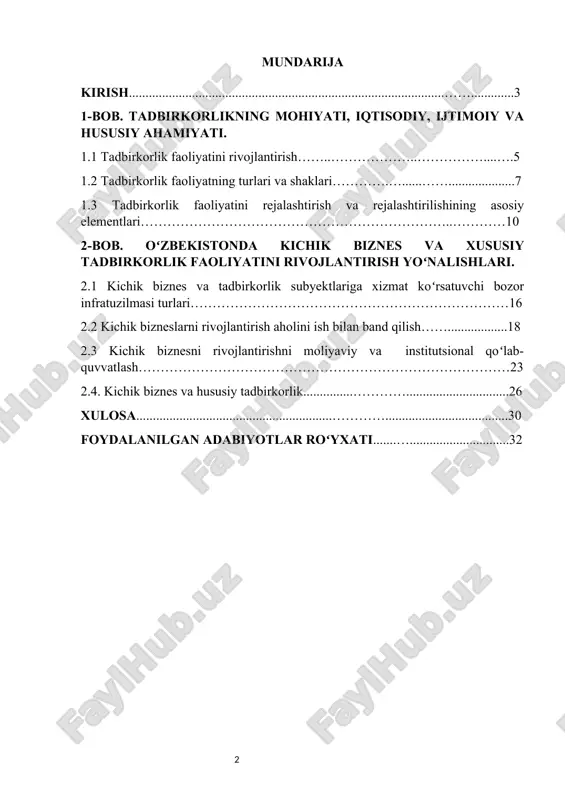 iqtisodiyoti va uning oʻzagini tashkil etuvchi tadbirkorlik faoliyatining mazmuni va metodalogik asoslari toʻgʻrisidagi tafakkur kengaydi va nazariy bilimlar chuqurlashdi. kurs ishining maqsadi. tadbirkorlik va kichik bizneslarni yanada yuksaltirish va bu ishni amalga oshirish uchun turli chora tadbirlarni amalga oshirish. tadbirkorlarimizni har tomonlama moliyaviy, gʻoya berish, texnika tomonlamayam yordam berish. kurs ishining vazifalari. tadbirkor oʻz isteʼmollarini shaklalantirishda quyidagi asosiy omillarni hisobga olib tovarning yangiligi va uning haridor manfaatiga moslashadi. -tovar yoki hizmatlarning sifati -tovar yoki hizmatlarning narxi -tovarning universallik darajasi -tovarning tashqi koʻrinishi kurs ishining obyekti. oʻzbekiston respublikasi iqtisodiyotini mustahkamlash, har tomonlama rivojlantirib borish, iqtisodiyotni hususan bozor munosabat asosiy yoʻllaridan biri bu kichik biznes va xususiy tadbirkorlini rivojlantirish hisoblanadi. kurs ishining predmeti. oʻzbekiston respublikasining tashqi savdo va siyosatini oshirish va tadbirkorlarni koʻpaytirish. kurs ishining tuzilishi va tarkibi. kurs ishining tarkiban kirish asosiy asosiy qismda 6ta reja, xulosa va foydalanilgan adabiyot roʻyxatlaridan iborat. mavzuning mazmunini yoritishda 2ta chizma o‘rin olgan bo‘lib kurs …