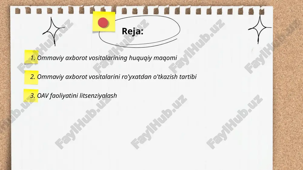 viy axborot vositalari to'g'risida"gi qonunga muvofiq, oav faoliyatini amalga oshirish uchun litsenziya olish majburiydir. litsenziyani oʻzbekiston respublikasi axborot va ommaviy kommunikatsiyalar agentligi beradi. litsenziya olish uchun ariza suhandoni ismi, manzili, mulkchilik turi va faoliyat turi kabi ma'lumotlarni oʻz ichiga olishi kerak va davlat boji toʻlanadi. litsenziya olish jarayoni odatda 30 kun ichida ko'rib chiqiladi. oav qonunbuzarlik sodir etgan taqdirda, litsenziya bekor qilinishi mumkin. ... t.me/slaydai_bot 4. ommaviy axborot vositalarida senzura taqiqlari ommaviy axborot vositalarida senzura taqiqlari davlatlar orasida farqlanadi. masalan, 2023-yil holatiga ko‘ra "freedom house" tashkilotiga ko‘ra, davlatlarda senzura darajasi turlicha baholanadi. skandinav davlatlarida matbuot erkinligi yuqori, senzura deyarli yo‘q. aksincha, shimoliy koreyada matbuot erkinligi juda past va qattiq senzura qo‘llaniladi. turkiya, rossiya va xitoy kabi mamlakatlarda senzura darajasi o‘rtacha va yuqori darajada deb hisoblanadi. o‘zbekistonda so‘nggi yillarda ba'zi islohotlar amalga oshirilayotgan bo‘lsa-da, hali ham senzura va axborot oqimini nazorat qilish amalda davom etmoqda. ... t.me/slaydai_bot o‘zbekiston respublikasining “axborot olish …