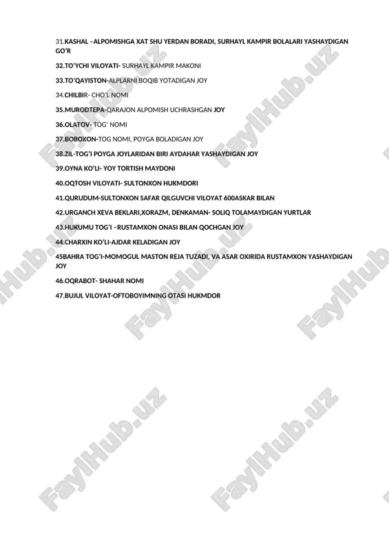 42.urganch xeva beklari,xorazm, denkaman- soliq tolamaydigan yurtlar 43.hukumu tog’i –rustamxon onasi bilan qochgan joy 44.charxin ko’li-ajdar keladigan joy 45bahra tog’i-momogul maston reja tuzadi, va asar oxirida rustamxon yashaydigan joy 46.oqrabot- shahar nomi 47.bujul viloyat-oftoboyimning otasi hukmdor