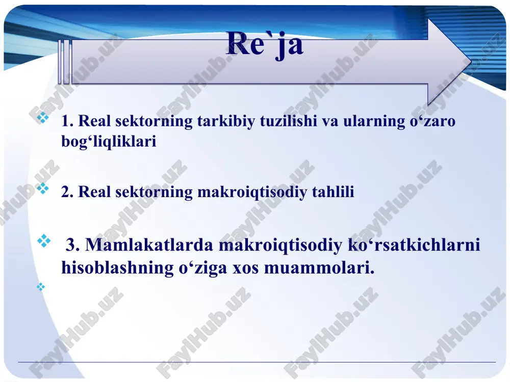 tisodiy tahlili • mamlakat (mintaqa) yaimning joriy narxlar bo‘yicha milliy valyutadagi hajmlari va hajmlarining indekslari; • asosiy xarajatlar bo‘yicha yaim tarkibi; • yaimning muayyan yil narxlaridagi hajmlari va hajmlarining indekslari; bunday ko‘rsatkichlar jumlasiga quyidagilar kiradi: • real yaim miqdori va dinamikasi; • iqtisodiyot asosiy tarmoqlari va sektorlarining agregatga doir etakchi ko‘rsatkichlari, xususan sanoat ishlab chiqarishi yoki ishlov beruvchi sanoat mahsuloti sotuvlarining hajmlari va hajmlarining indekslari; • ishsizlik darajasining standart ko‘rsatkichlari; • foizli qisqa muddatli, o‘rta muddatli va uzoq muddatli bank stavkalari; • muomaladagi pul massasini tavsiflovchi pul agregatlari (m1, m2, m3) va ularning dinamikasi; • qurilish hajmlari; • ichki savdo (hajmlari va narxlari, xususan chakana narxlari); • ish haqi va daromadlari; • milliy valyuta kursi; • tashqi savdo va to‘lov balansi (eksport va import hajmlari va dinamikasi, tashqi savdo va to‘lov balanslari saldosi). 3.3. mamlakatlarda makroiqtisodiy ko‘rsatkichlarni hisoblashning o‘ziga xos muammolari. mamlakatlarda tub o‘zgarishlar yuz bermoqda, shu munosabat bilan ayrim …