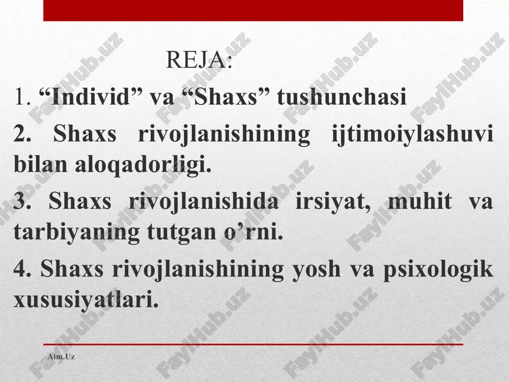 nihoyatda kuchli bo’ladi. rivojlanish deb, bola vaznining oshishi, suyak va muskul tizimining, tanosil a’zolarining, nerv-funksional faoliyatining kamol topishi, aql-zakovatining shakllanishiga aytiladi. aim.uz aim.uz shaxs rivojlanishiga ta’sir etuvchi omillar. pedagogika fani bolani shaxs sifatida shakllanishi va unga ta’sir etuvchi omillarni ham o’rganadi. shaxs rivojlanishi va kamolga yetishi murakkab va ziddiyatli jarayon bo’lib bunda nasl-irsiyat, ijtimoiy muhit, maqsadga muvofiq amalga oshiriladigan ta’lim-tarbiya va nihoyat o’zining mustaqil faoliyati ham muhim ahamiyatga ega. aim.uz aim.uz shaxs rivojlanishiga ta’sir etuvchi omillar. 1.irsiyat 2.ijtimoiy muhit 3.ta’lim-tarbiya 4.faoliyat. aim.uz aim.uz irsiyat. irsiyat deganda bolaga ota-ona va umuman yaqin avlodlardan, ya’ni nasldan-naslga o’tadigan biologik xususiyat va o’xshashliklar tushuniladi. aim.uz aim.uz muhit. muhit deganda kishiga ta’sir etadigan tashqi voqealarning yig’indisi tushuniladi. aim.uz aim.uz bola yoshini davrlashtirish. 1. go’daklik, chaqaloqlik davri (tug’ilgandan to 1yoshgacha bo’lgan davr) 2. yosh davri 1yoshdan 3yoshgacha 3. maktabgacha tarbiya yoshi 3yoshdan 6-7yoshgacha 4. maktab yoshidagi kichik o’quvchilar 6-7yoshdan 11-12 yoshgacha 5. o’rta maktab yoshidagi o’quvchilar …
