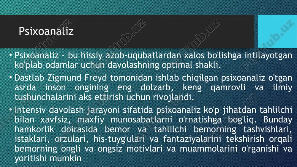 terial; (6) psixotik alomatlarning ramziy mazmuni. xavotir xavotirning uch turi ego himoya mexanizmlari repressiya – og’riqlar va his tuyg’ularni ong darajasidan chiqarish (quvg’in qilish) rad etish – reallikdagi xavflarga ko’z yumish proyeksiya - o'zining qabul qilib bo'lmaydigan istaklari va impulslarini boshqalarga bog'lash.bu o'z-o'zini aldash mexanizmi. nafsga moyil, tajovuzkor yoki boshqa impulslar "u yerdagi odamlar tomonidan egalik qilinadi, lekin men emas". displaysment - asl ob'ekt yoki shaxsga kirish imkoni bo'lmaganda energiyani boshqa ob'ekt yoki shaxsga yo'naltirish. ratsionalizatsiya - ezilgan egoni tushuntirish uchun "yaxshi" sabablarni ishlab chiqarish. ratsionalizatsiya muayyan xatti-harakatlarni oqlashga yordam beradi va bu yumshatishga yordam beradi proyeksiya o'z-o'zidan tahdid qiluvchi xususiyatlarni tan olmaslik va ularni boshqa odamlarda ko'rish orqali mijoz o'z tushunchasini himoya qilishi mumkin. proyeksiya har qanday sharoitda himoya mexanizmi sifatida ishlatilishi mumkin. odamlar o'zlarining qadr-qimmatini boshqalarda xuddi shu xususiyatlarni ko'rgan holda, tahdid soladigan xususiyatlar, impulslar yoki his-tuyg'ularni rad etish orqali himoya qiladilar. ba'zi misollar quyidagilarni o'z ichiga oladi: …