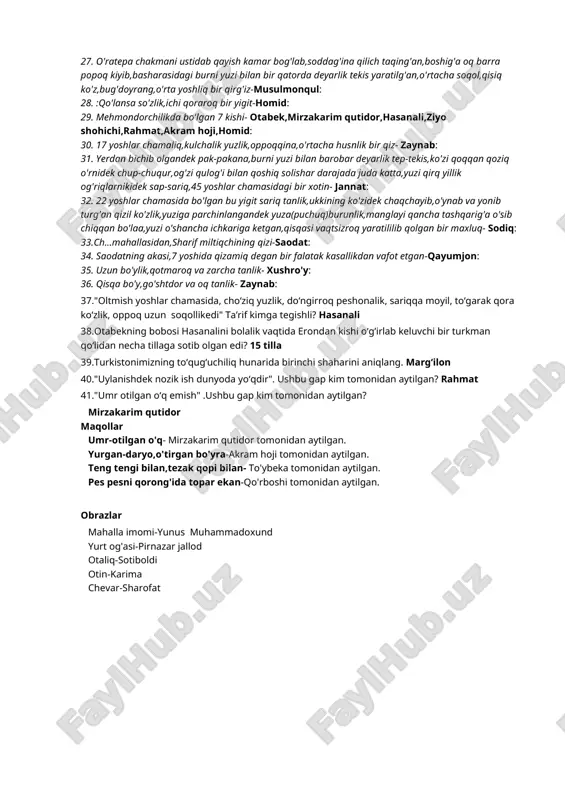 ning onasi-oysha bibi: 20.45 yoshlar chamasi,oila cho'risi-to'ybeka: 21. boshig'a ko'k salla chulg'ag'an,egniga o'ratepaning bosmasidan chakman,beliga kumush kamar bog'lab kumush qinlik qilichini tizzasiga bosgan,qora tanlik bo'lsa ham ko'knorimi,taryakmi iste'molidan yzui sarg'aygan 40-50 yoshlar chamaliq bir kishi -xoliqbek qo'rboshi: 22. 15 yoshlar chamaliq,qizil duxobadan kiyingan ko'rkam bir o'g'lon- ahmadxon: 23. to'la yuzlik,o'siq qoshliq,og'ir qarag'uchi ko'zlik,siyrak soqol,o'rta bo'yliq,ustidan kimxob to'n kiyib,beliga qilich osgan 45 yoshlar chamasidagi bir kishi- o'ttaboy qushbegi: 24. tilla jabduqli qizil ayg'irg'a mingan,quyosh yog'dusi bilan turlik tuska kirib tovlanadirg'an,yoqa va etaklariga oltin uqa tutilgan kimxob to'n kiyib,belidagi oltin kamarga kumush qinli jazoiri qilich osgan,boshig'a oq shohidan salla o'rab,oyoqlarini kumush uzangiga tiragan,siyrak qoshlik,cho'qqi soqol,bug'doy ranglik,45-50 yoshlar chamaliq bir kishi-azizbek: 25.:qora otg'a otlanib,zangori movutdan uqalik to'n kiygan,kumush kamarning o'ng tomoniga qilich,so'liga to'fangcha qistirgan,boshiga barra popoq kiyib,jin yalagan deganlaridek qoshsiz,qoramtil yuzlik,ikki chakagining utida biroz,iyagida biroz siyrak,ko'rimsiz qora soqollik,ko'zlari ichiga botig'roq,ammo qon quyilgansimon bir kishi-rayimbek dodxoh: 26. oltin sopliq qilichini tizzasi ustiga ko'ndalang qo'yib,qizil …